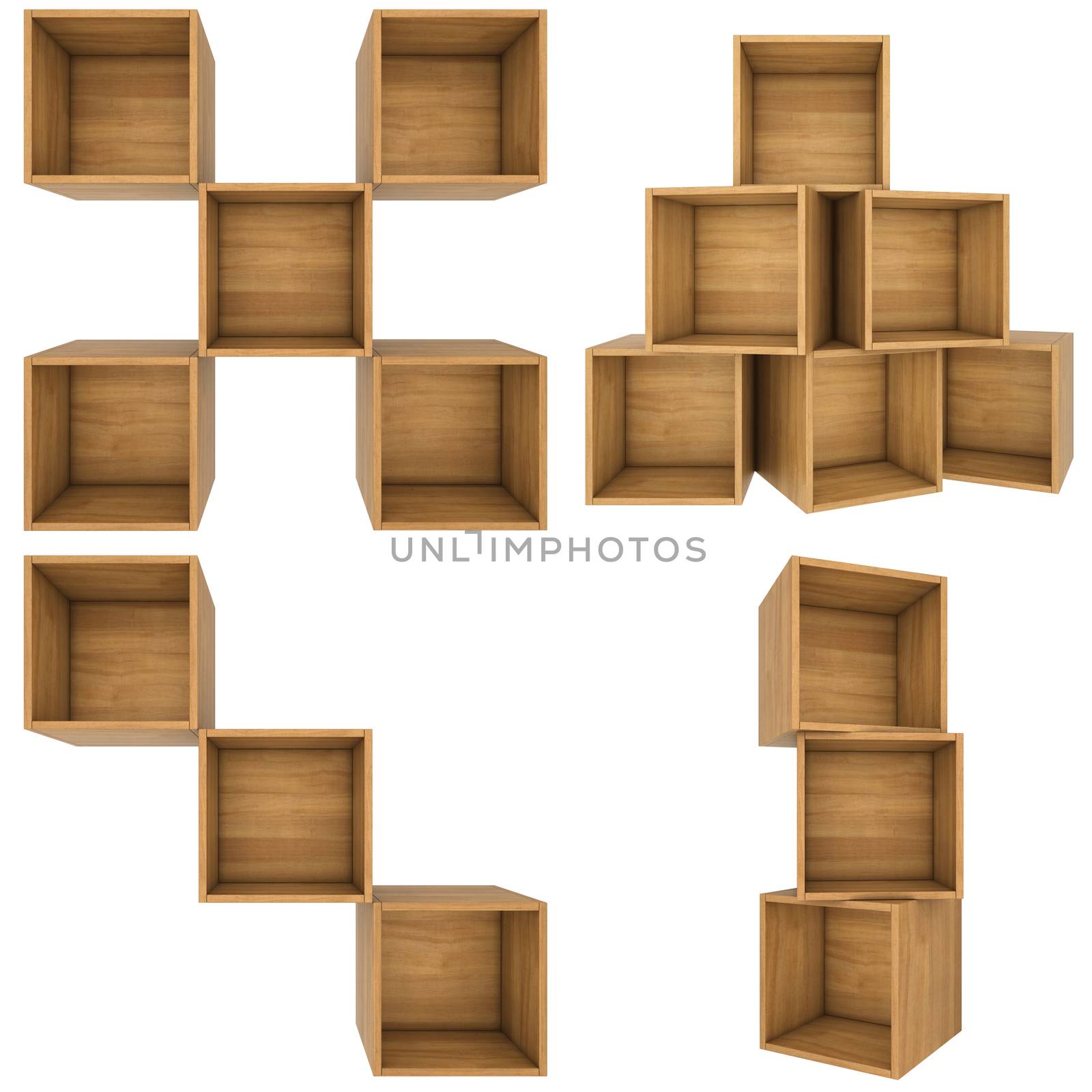 Set wooden shelf isolated on background. 3d rendering. by Mirexon