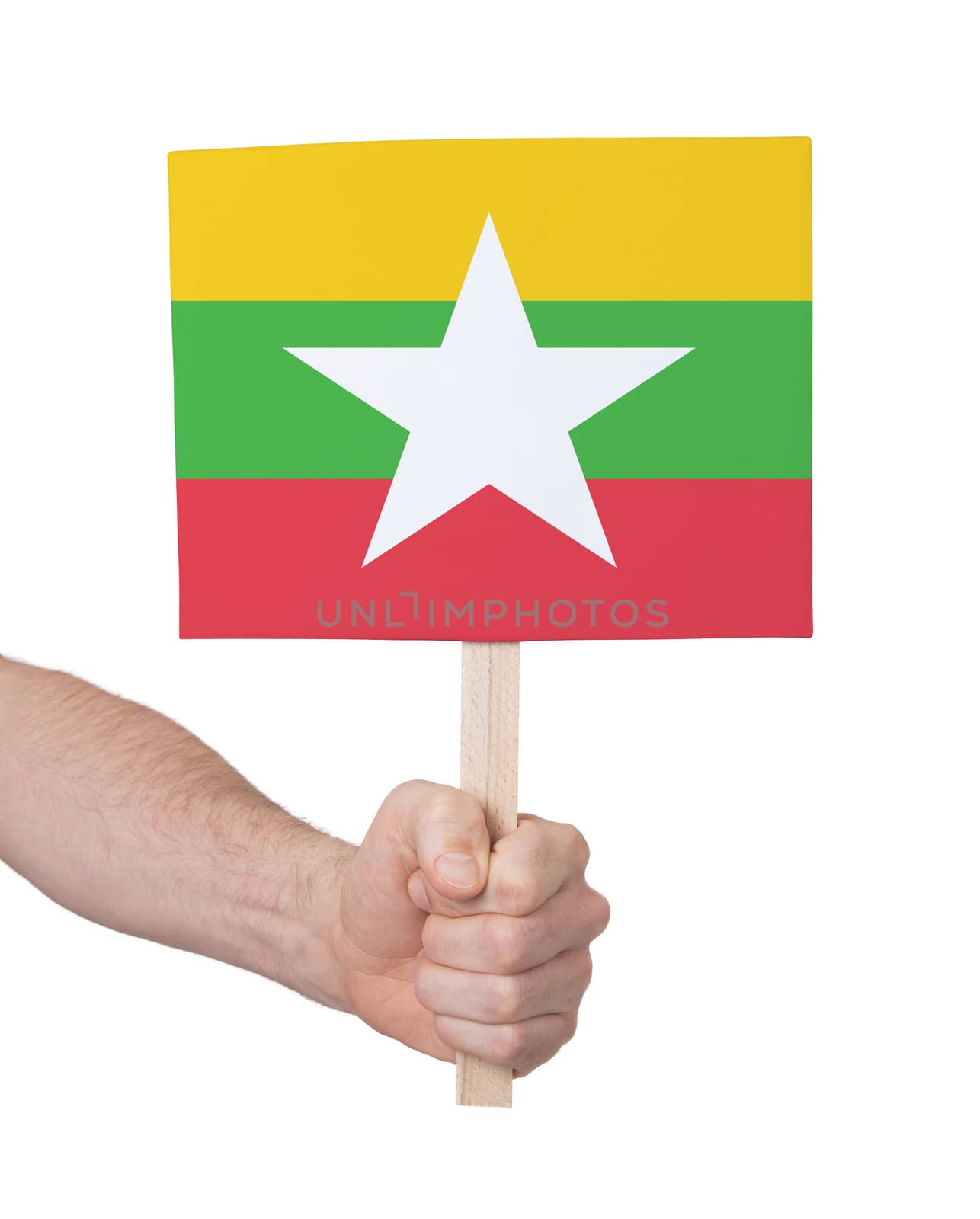 Hand holding small card - Flag of Myanmar by michaklootwijk
