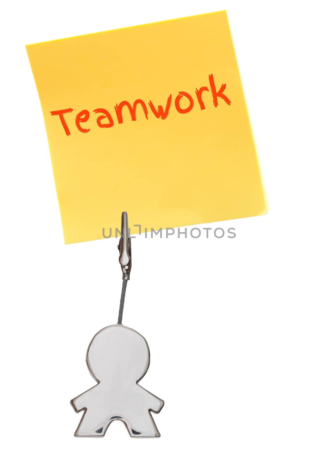 Orange sticker, paper note isolated on white, held by busines card holder figure, business concept, teamwork