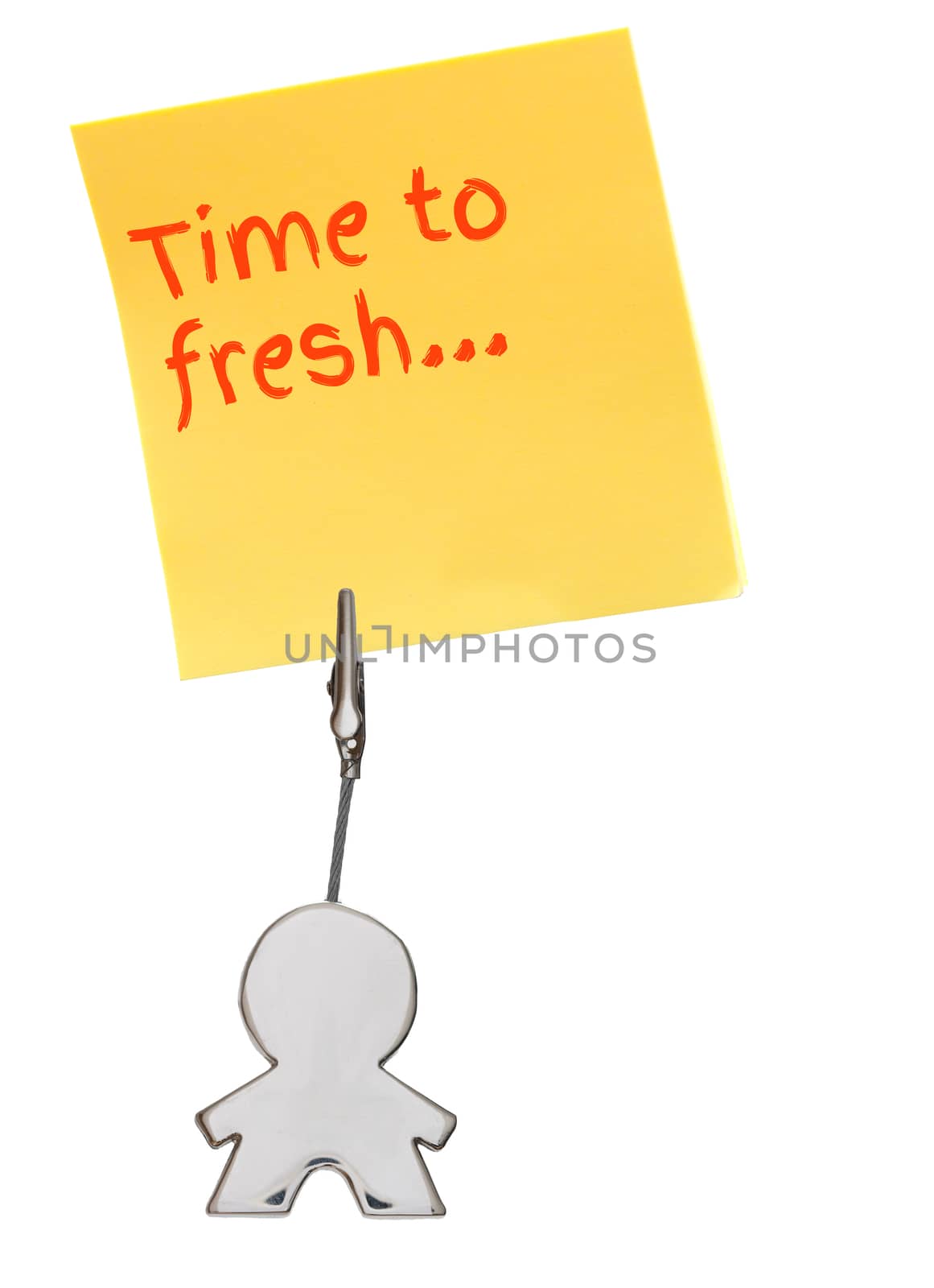 Orange sticker, paper note isolated on white, held by busines card holder figure, business concept, time to fresh