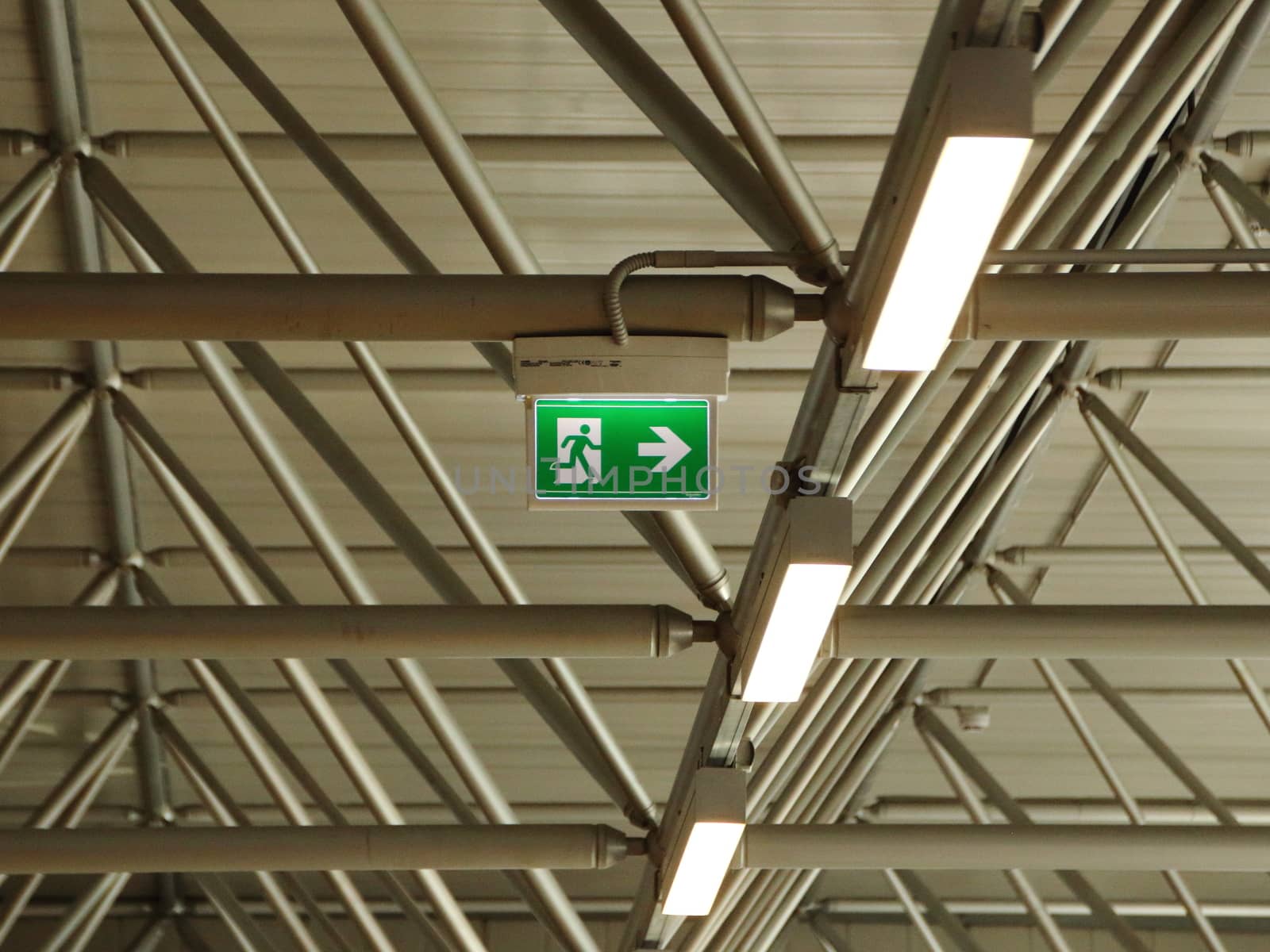 Green Exit Sign under Grid Roof with Lamps by HoleInTheBox
