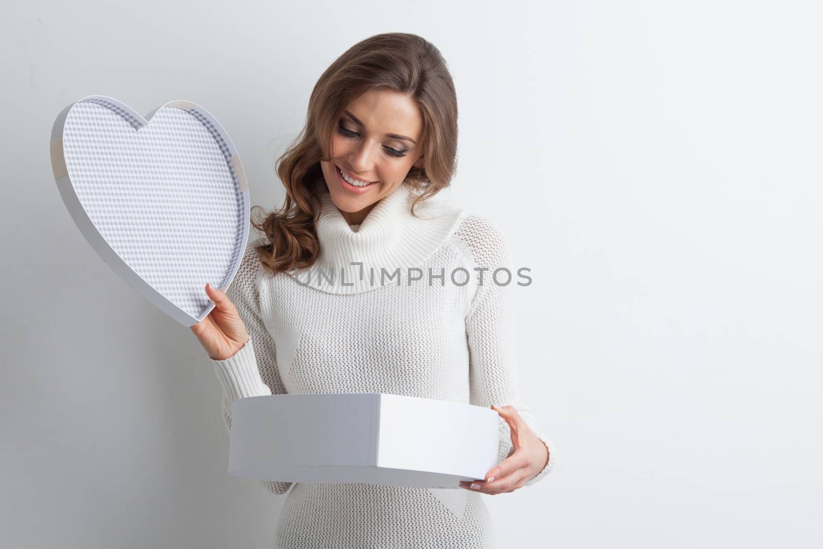 Woman open heart shaped box, Valentines day love concept