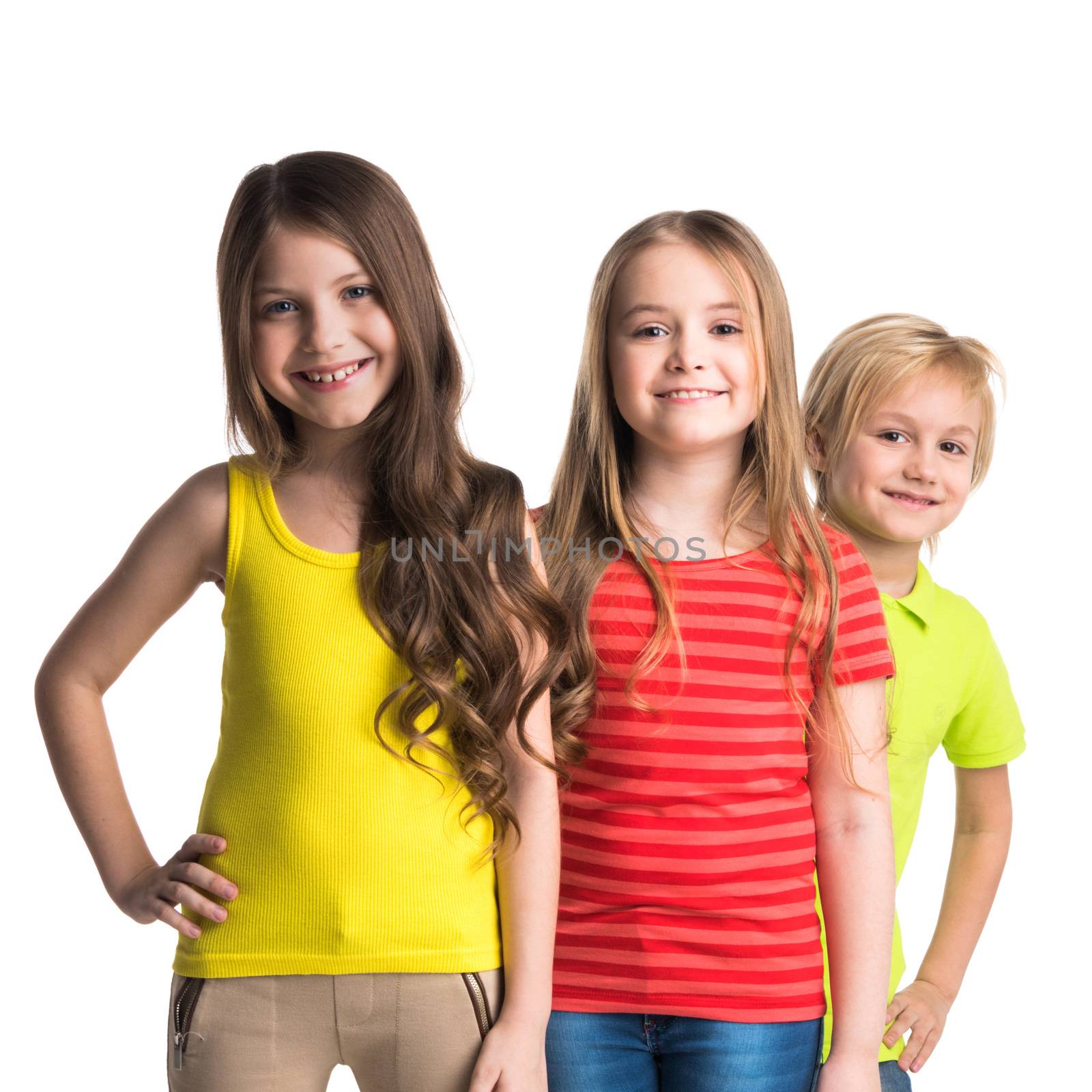 Happy three children portrait isolated on white background