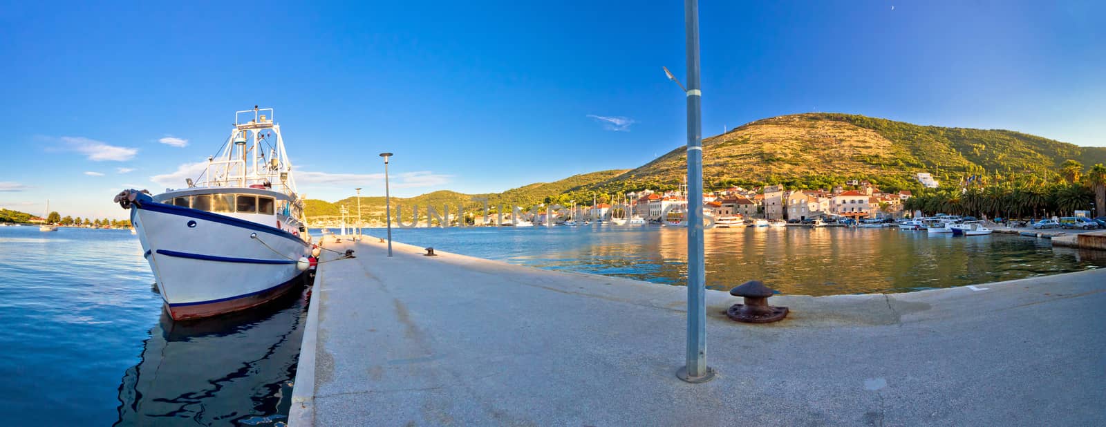 Town of Vis panoramic harbor view, Dalmatia archipelago of Croatia
