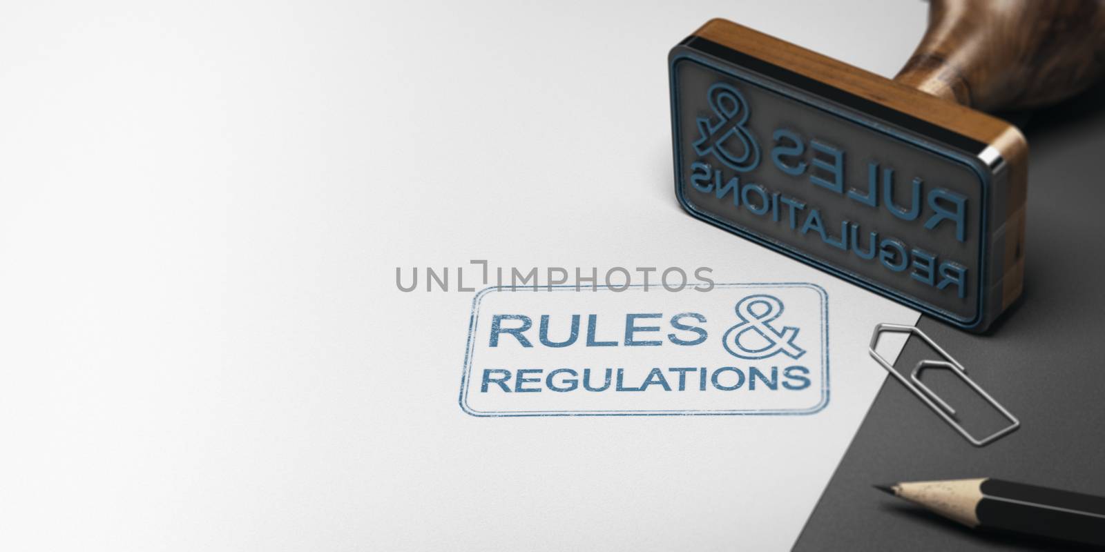 3D illustration of a rubber stamp with other office supplies and the text rules and regulations on a sheet of paper.