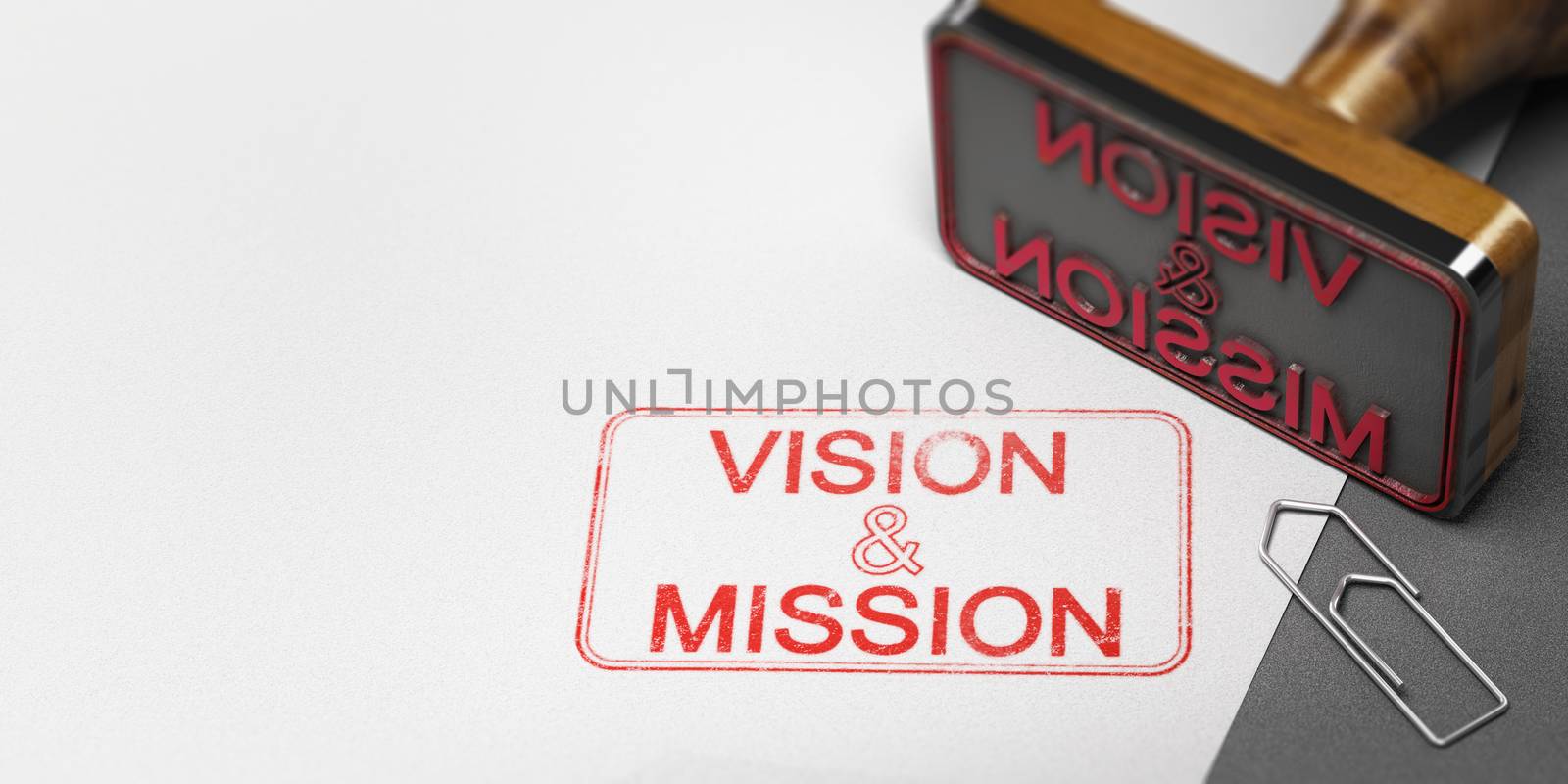3D illustration of a rubber stamp with other office supplies and the text vision and mission on a sheet of paper.