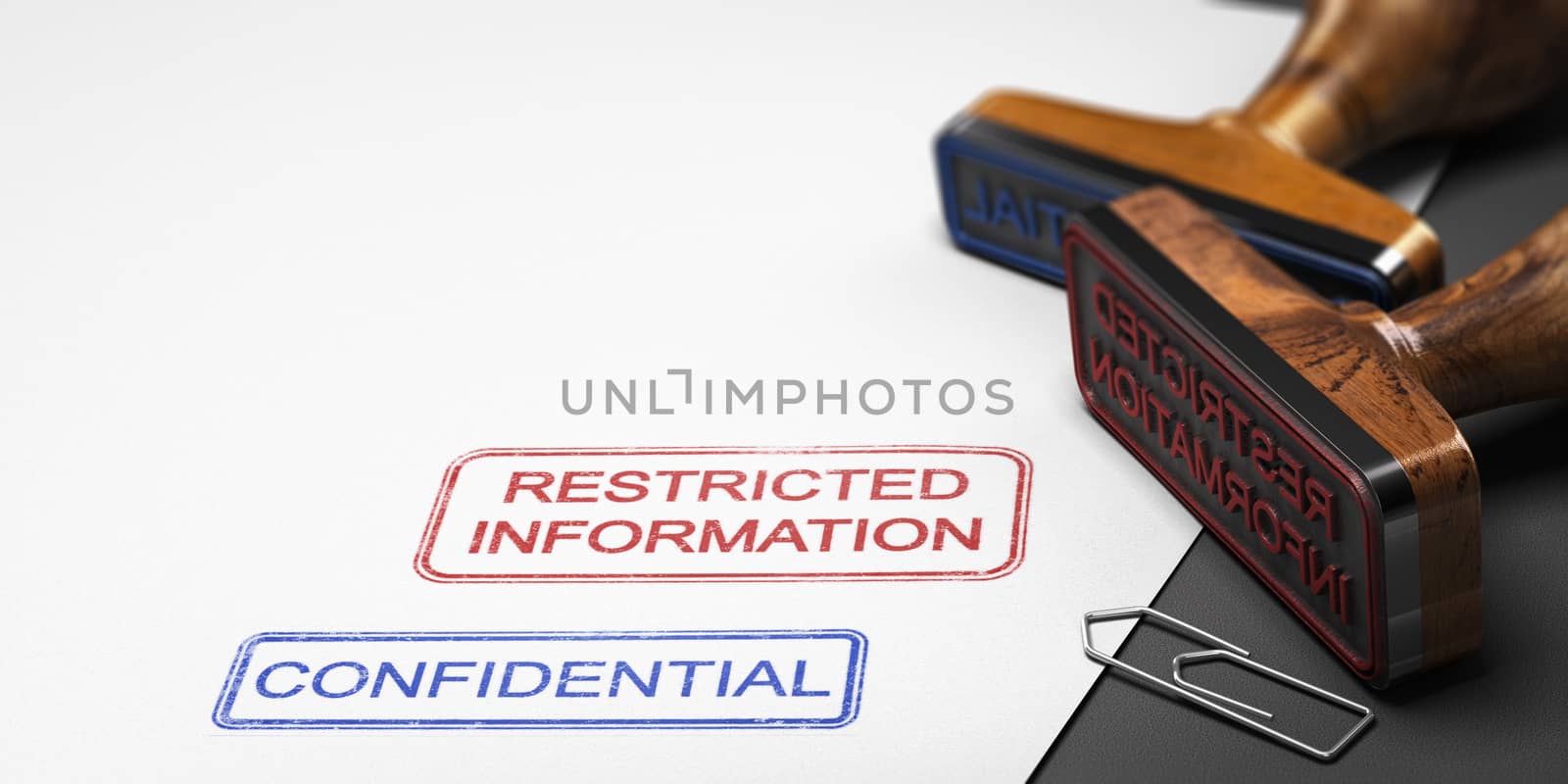Two rubber stamps over paper background with the text restricted information and confidential. 3D illustration.