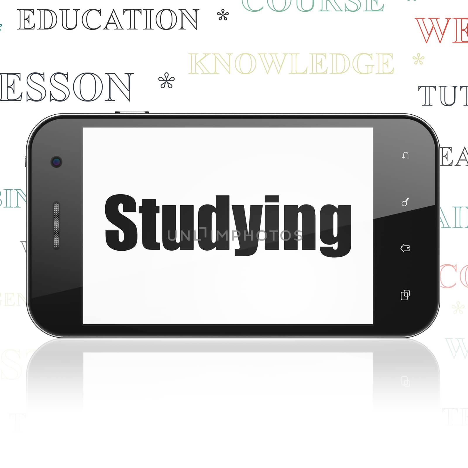Education concept: Smartphone with Studying on display by maxkabakov