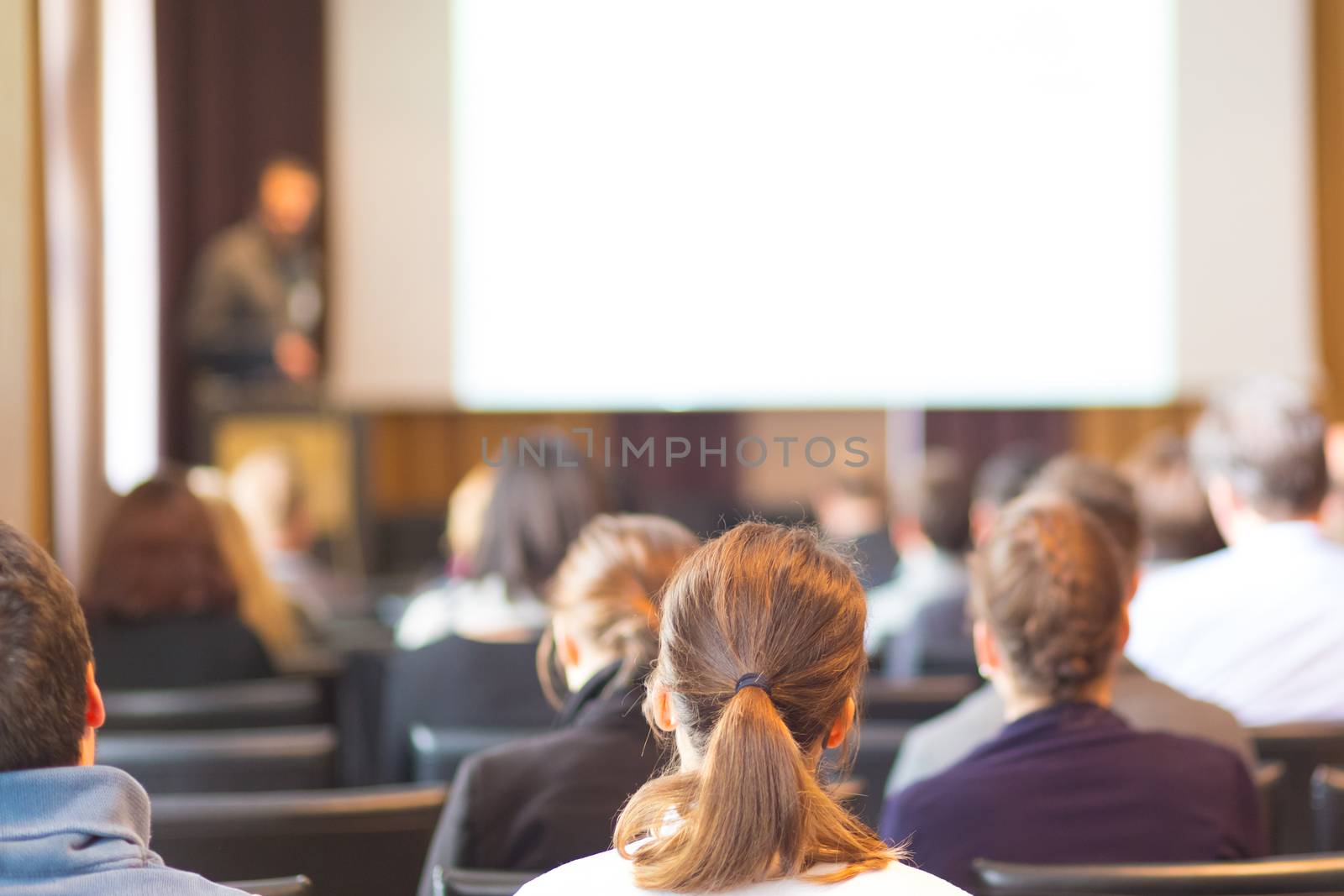 Speaker at Business Conference and Presentation. Audience in the conference hall. Business and Entrepreneurship. Copy space on white screen.