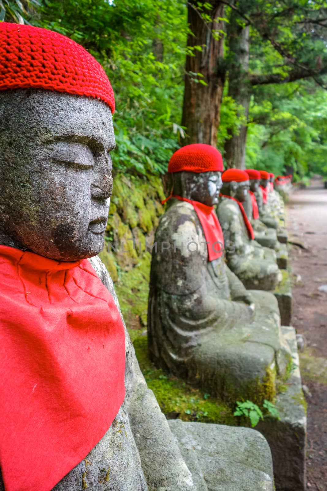 Narabi Jizo statues landmark in Kanmangafuchi abyss, Nikko, Japan