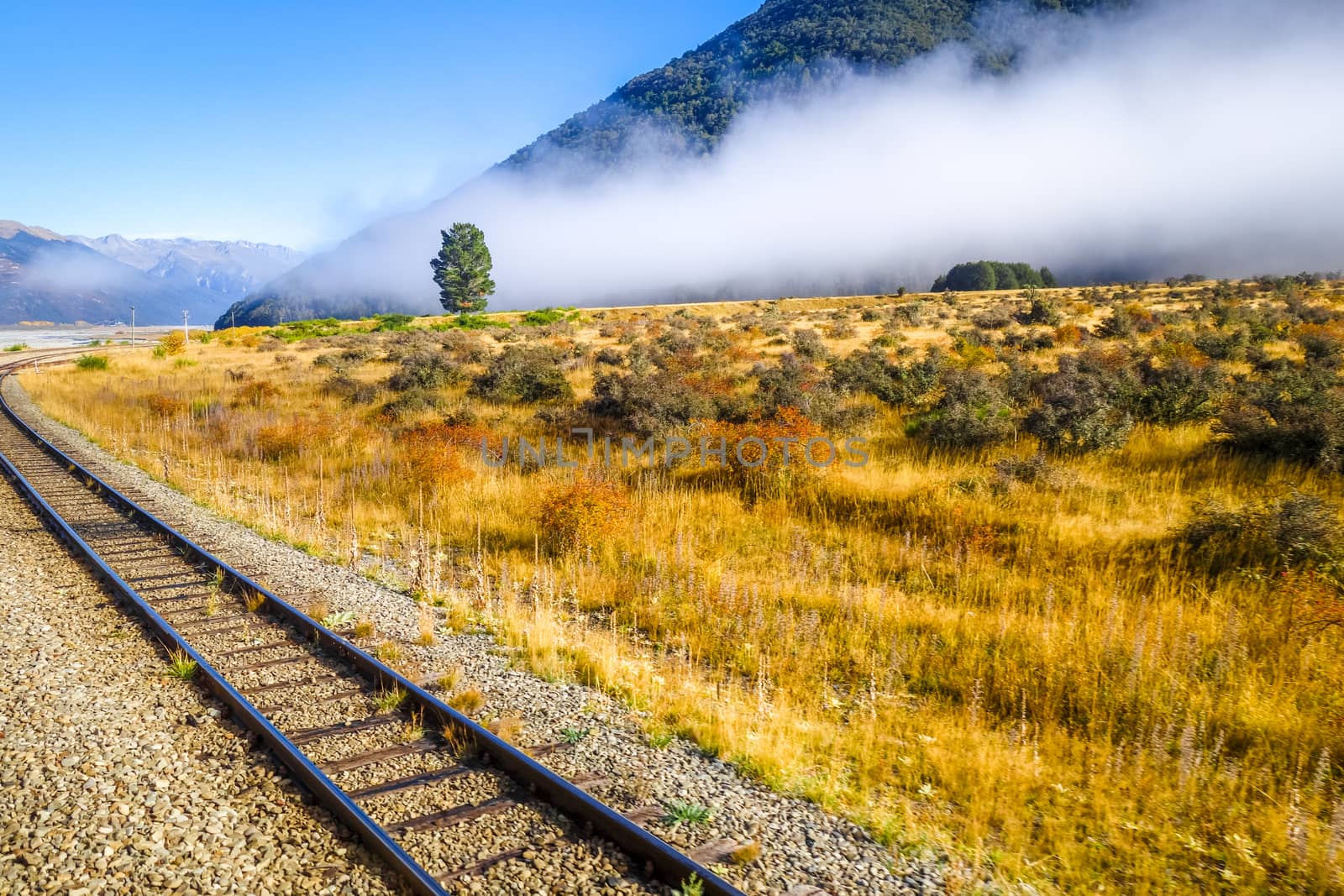 Railway in Mountain fields landscape, New Zealand alps