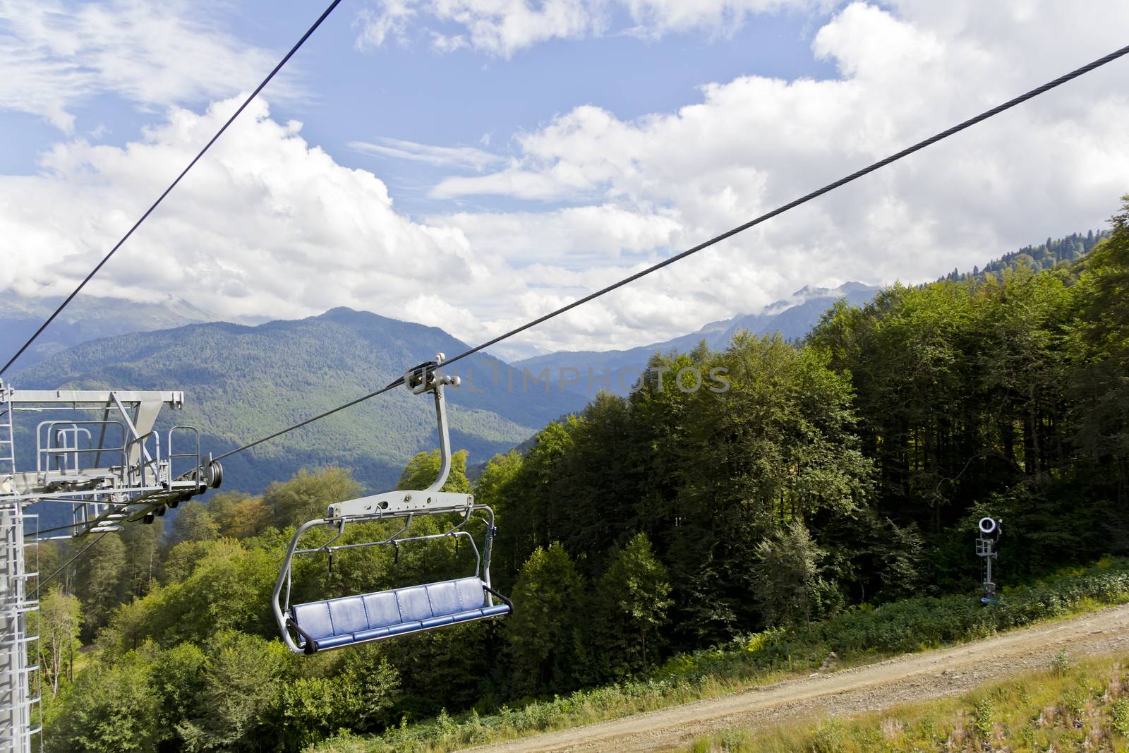 Pictureque landscape with empty funicular in green Caucasus mountains