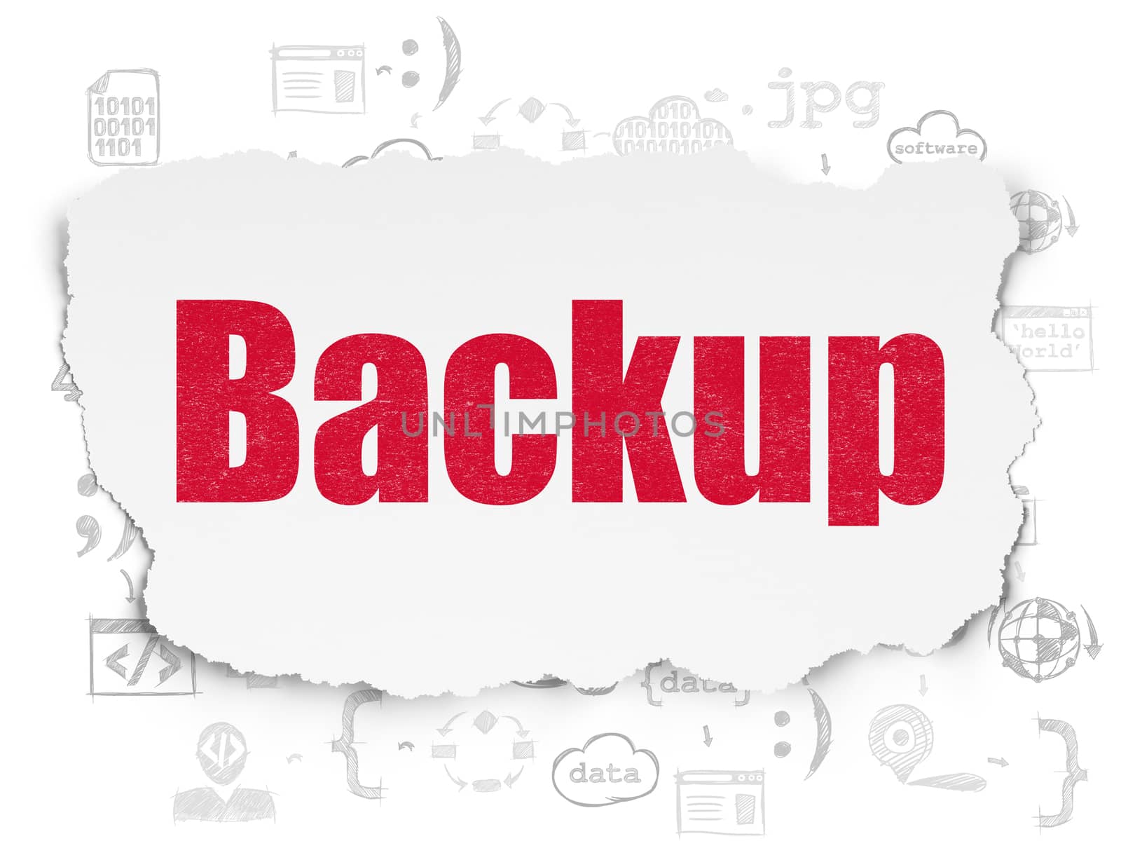 Database concept: Painted red text Backup on Torn Paper background with Scheme Of Hand Drawn Programming Icons