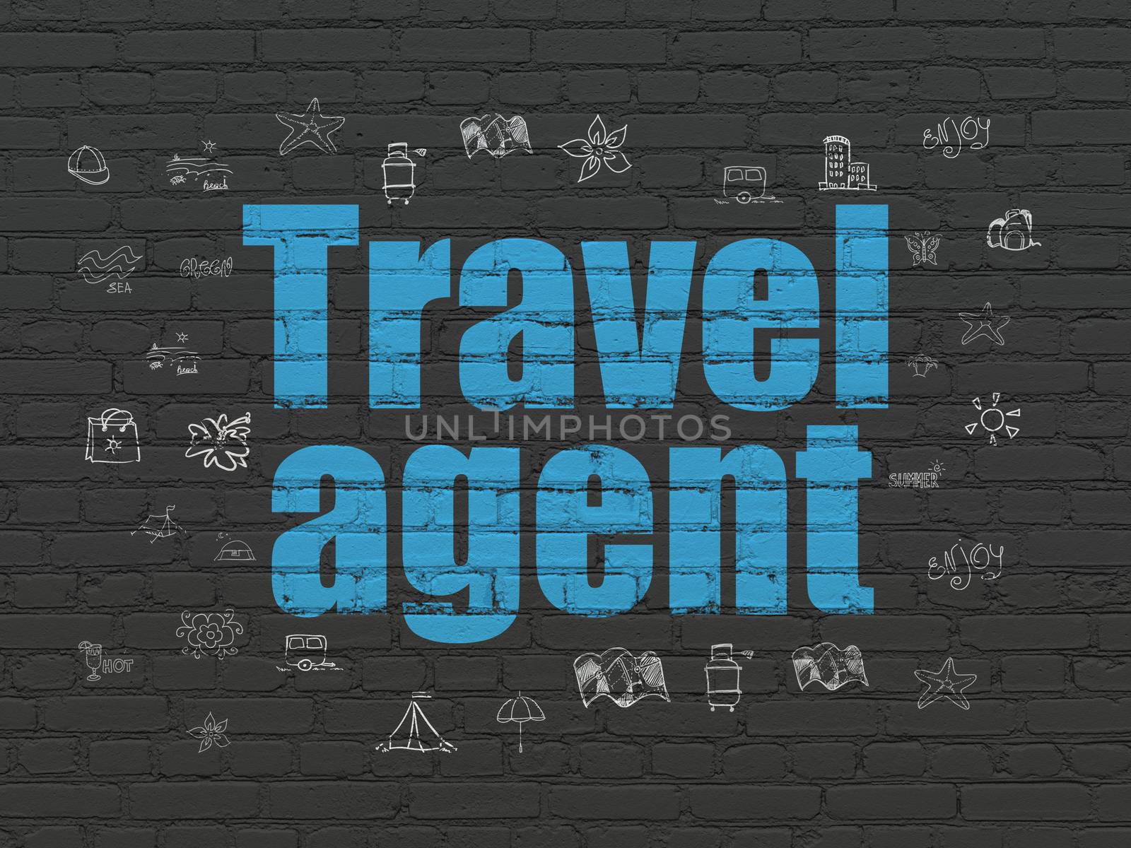 Travel concept: Painted blue text Travel Agent on Black Brick wall background with  Hand Drawn Vacation Icons