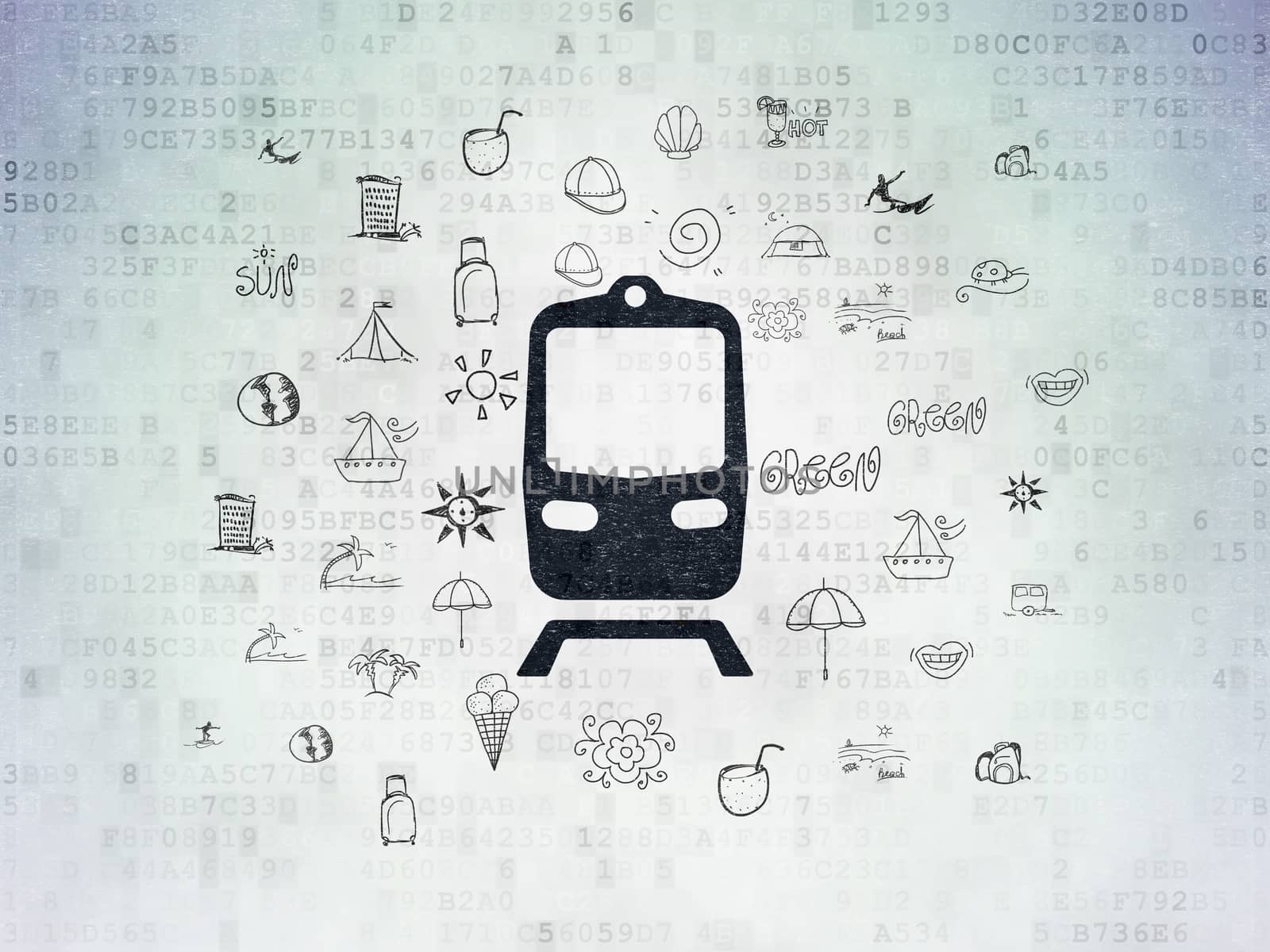 Travel concept: Painted black Train icon on Digital Data Paper background with  Hand Drawn Vacation Icons