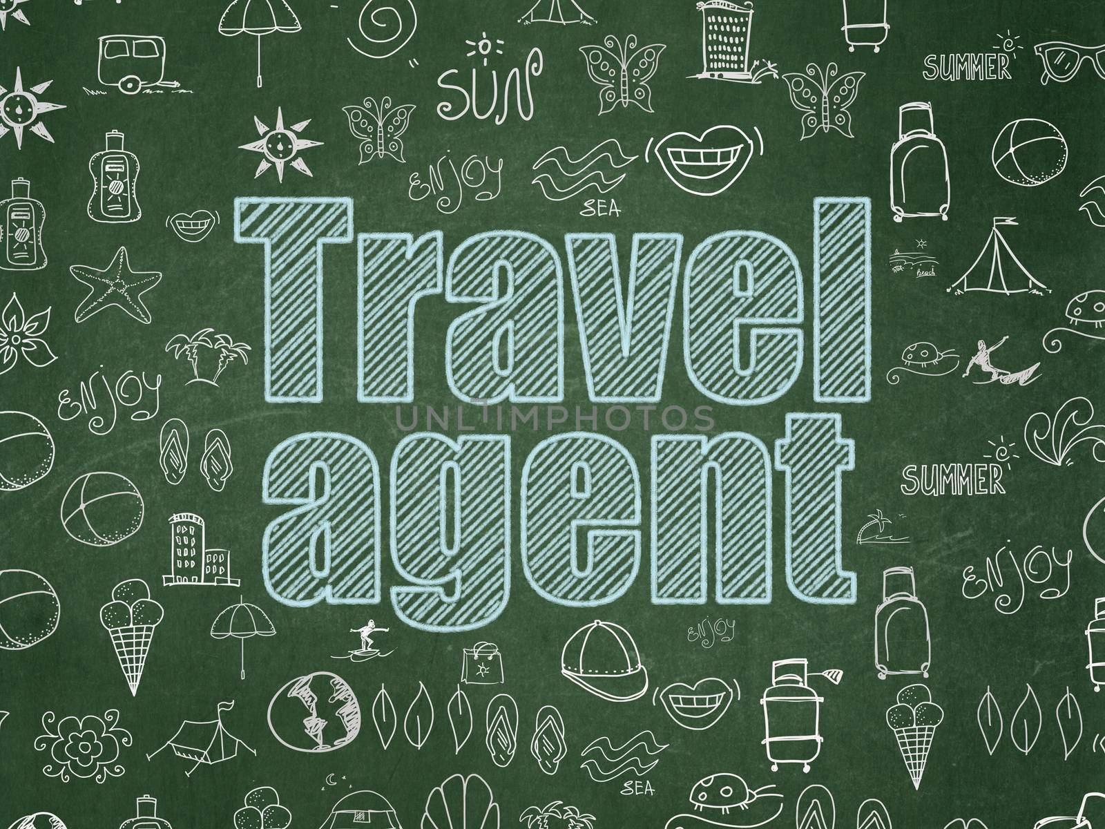Tourism concept: Chalk Blue text Travel Agent on School board background with  Hand Drawn Vacation Icons, School Board