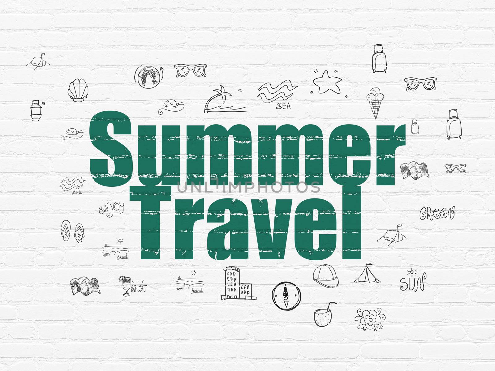 Travel concept: Painted green text Summer Travel on White Brick wall background with  Hand Drawn Vacation Icons