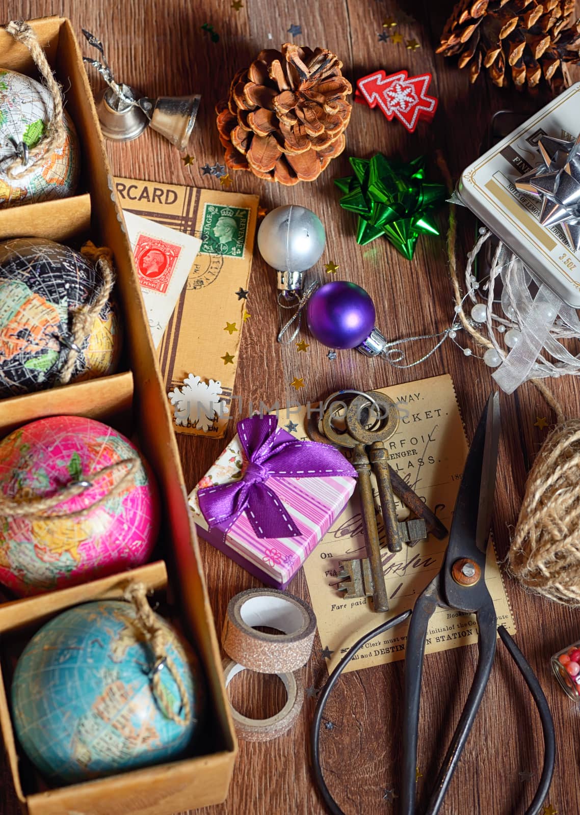 Gifts and vintage christmas ornaments