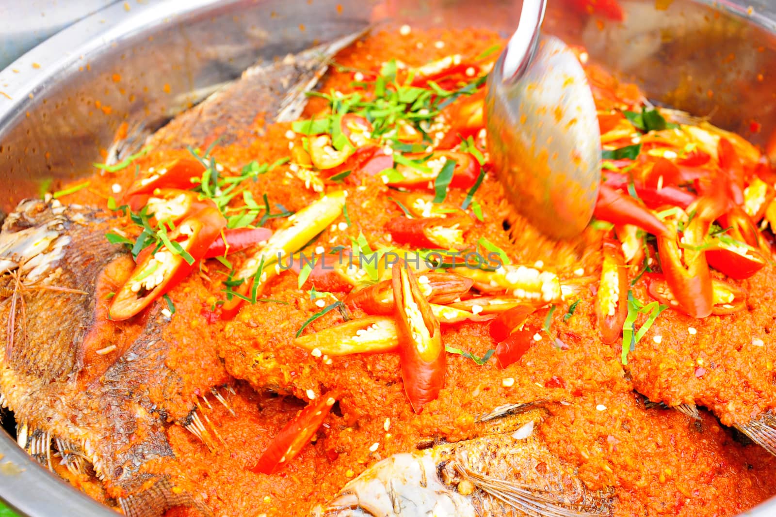 Fried fish topped with chilli sauce, Thai food.