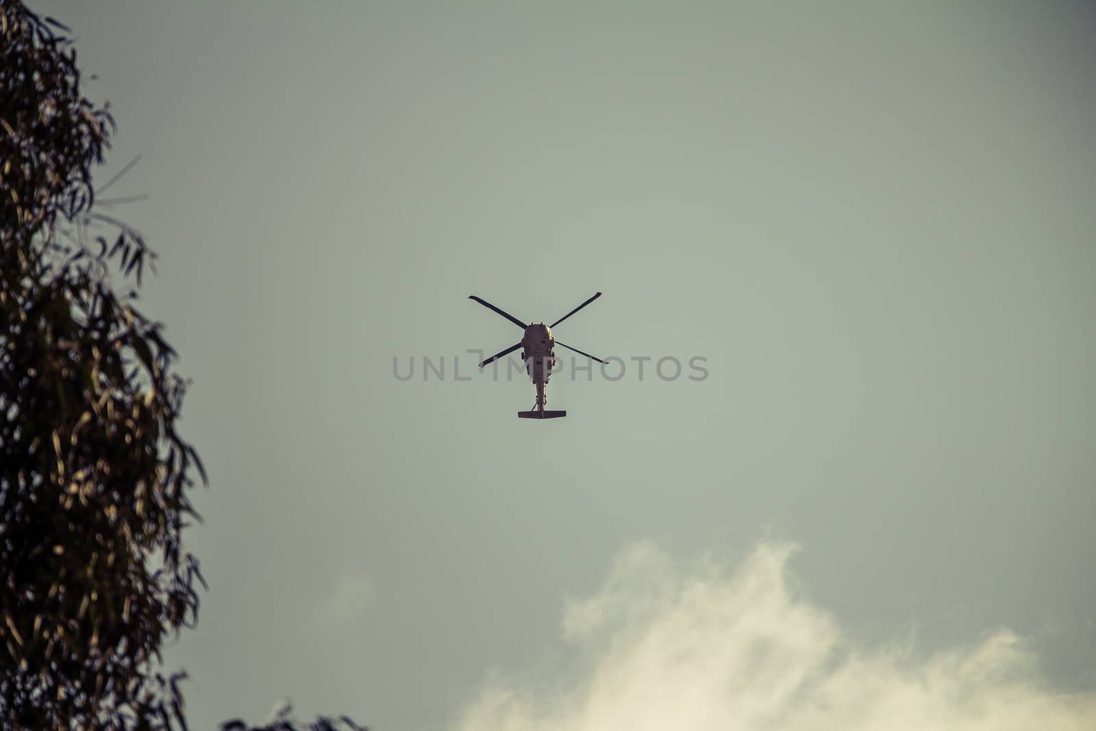Israeli military UH-60 Black Hawk helicopter flying in the sky. Low angle view.