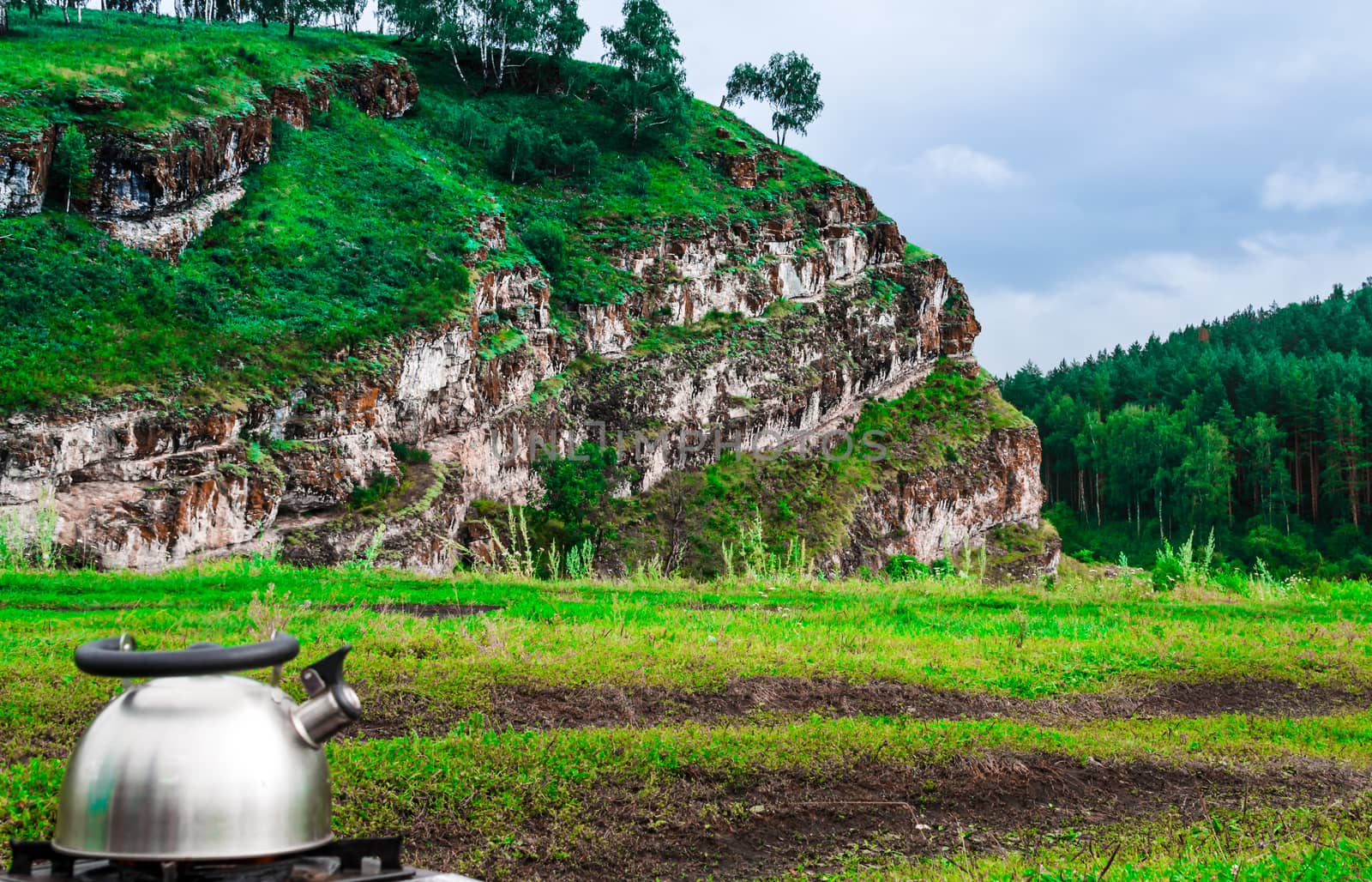 kettle mountain in the background Bashkiria rest in the mountain tea party