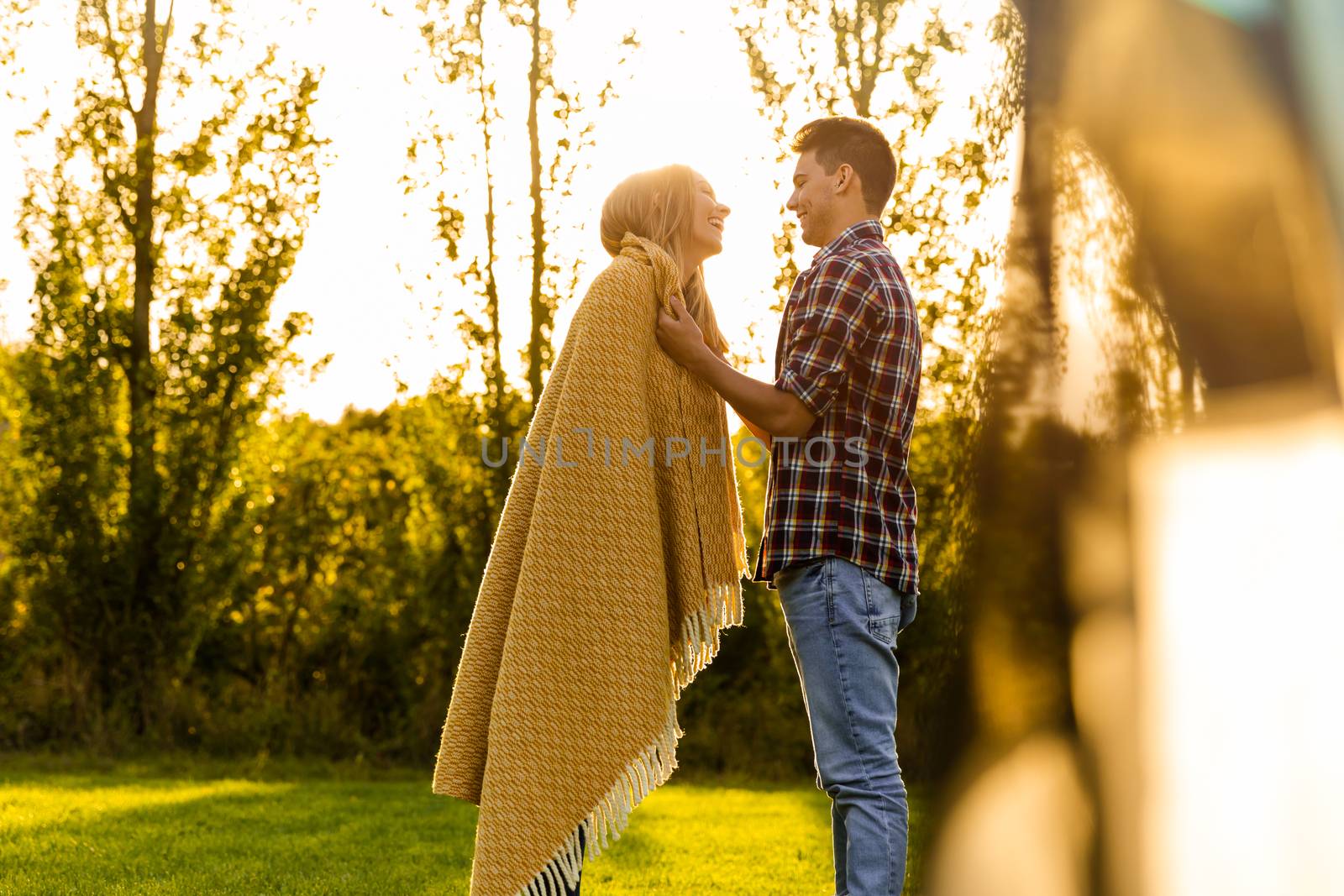 Young couple in love after waking up in the nature