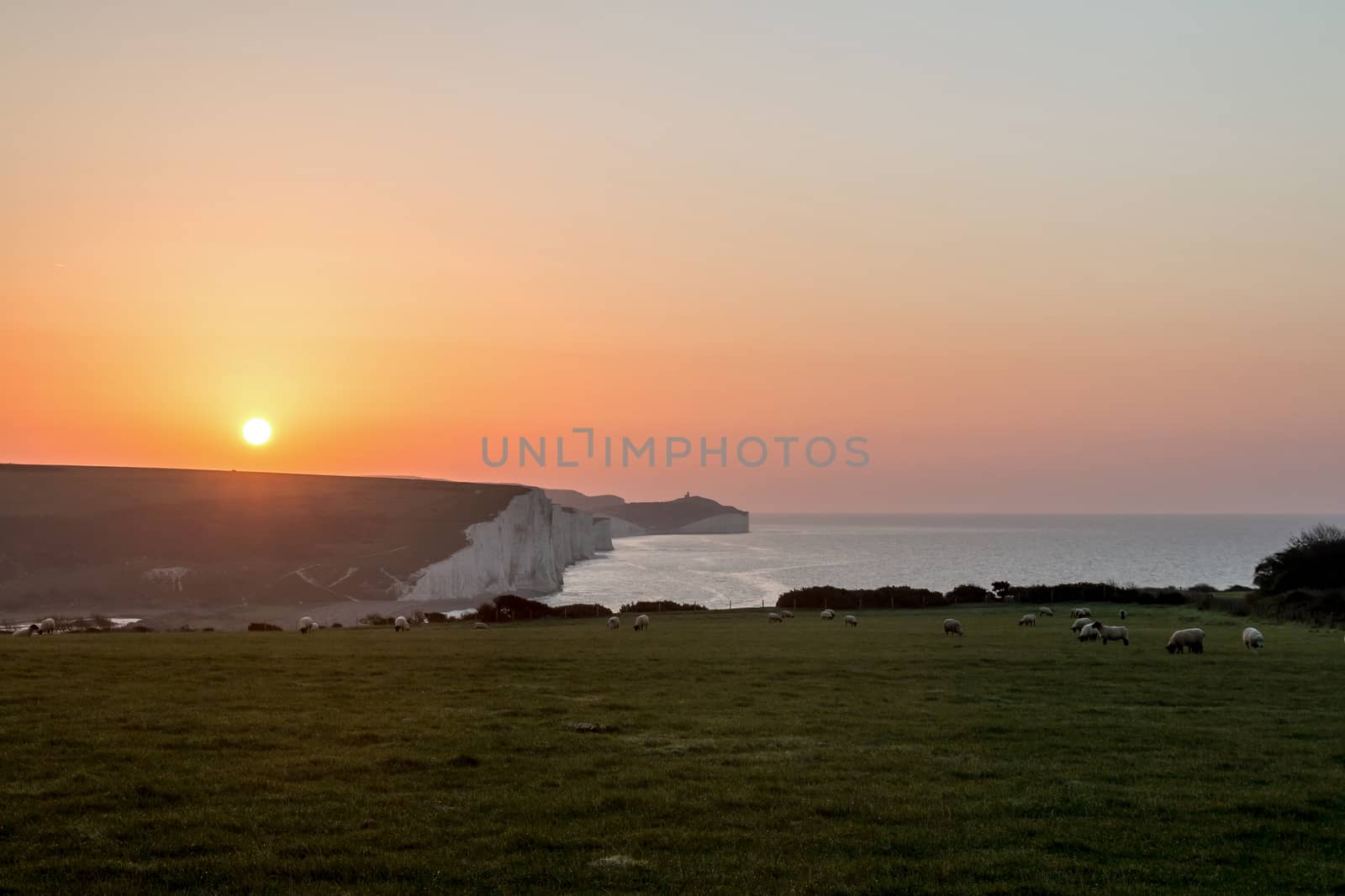 Sunrise over the Seven Sisters chalk cliffs in East Sussex,England.