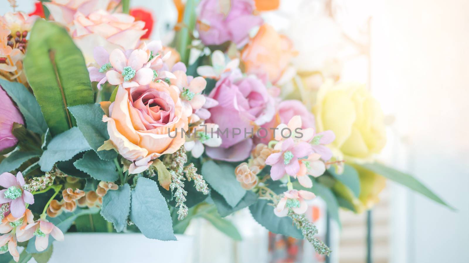 colorful of the plastic flowers bouquet  , soft of focus