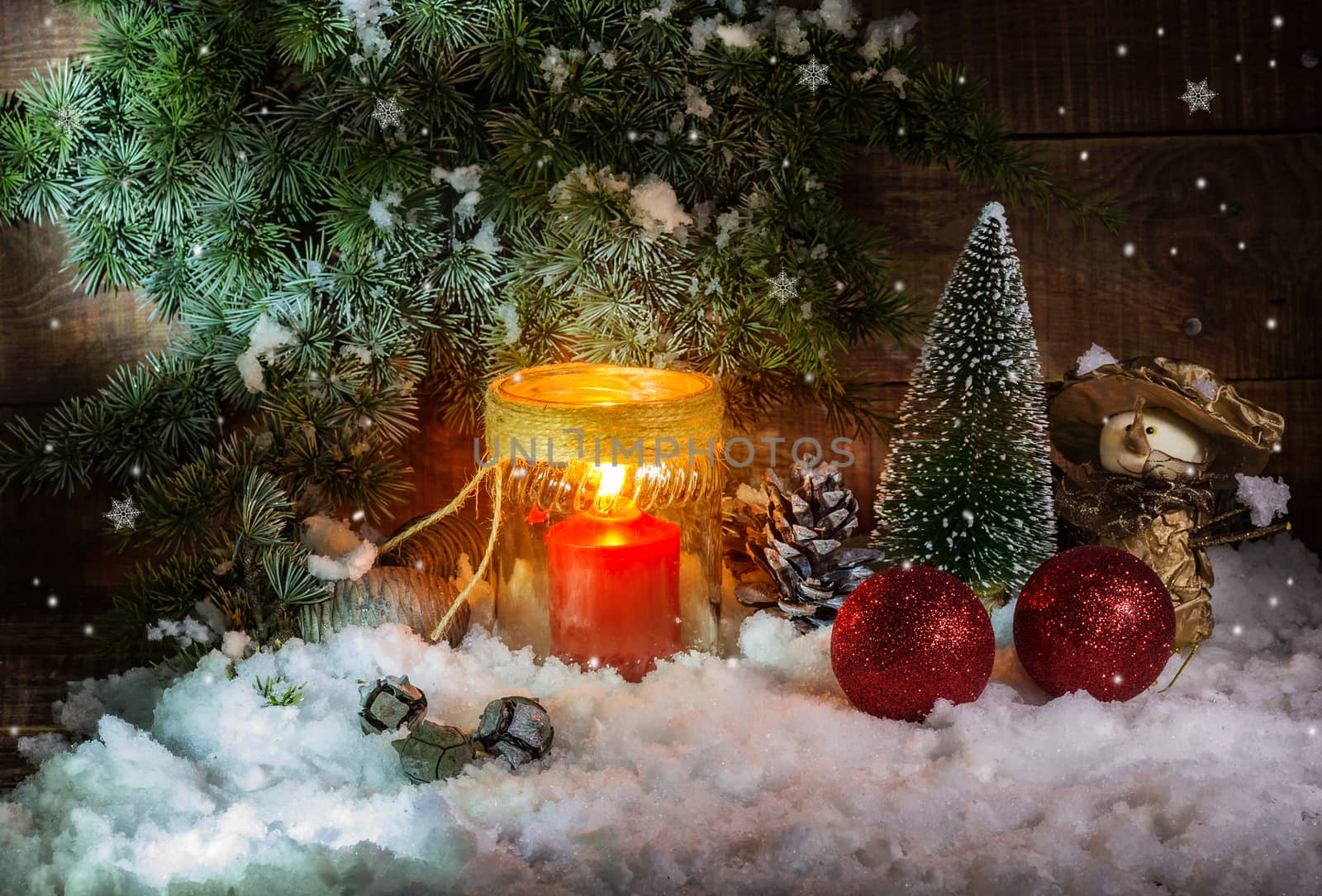 still life with festively decorated home interior with Christmas tree