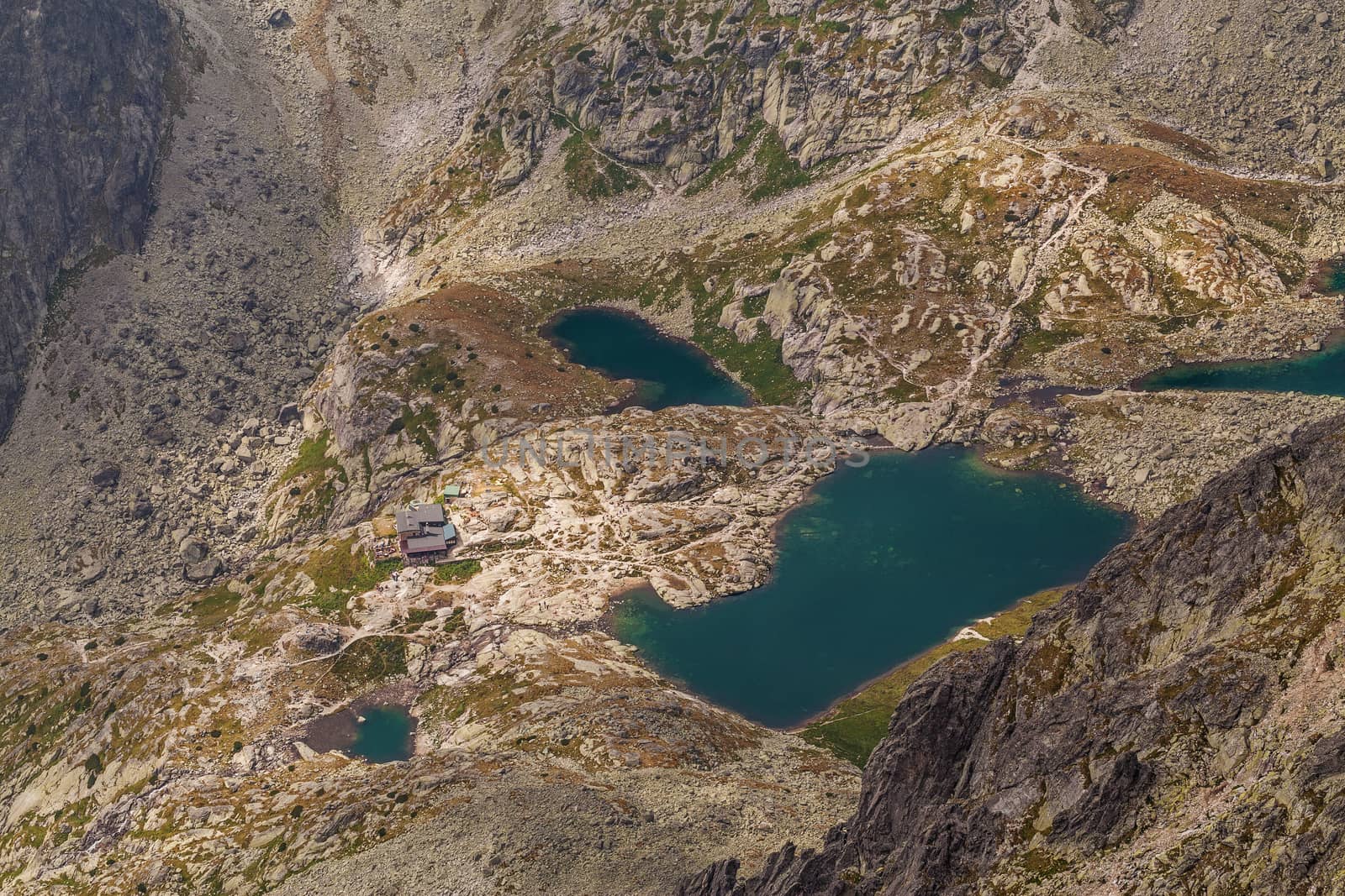 Photo of five lakes valley in High Tatra mountains. Dolina Pieciu Stawow Spiskich, view from Lomnicky Stit.