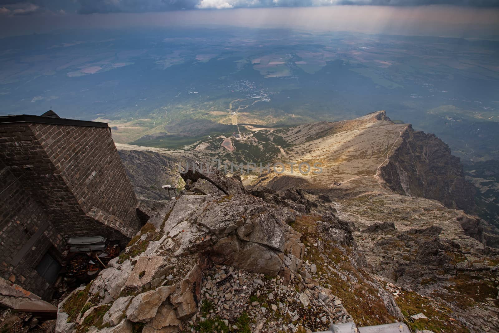 Skalnate pleso, photo from upper station of the cable railway on Lomnicky Stit peak in High Tatra mountains, Slovakia, Europe.