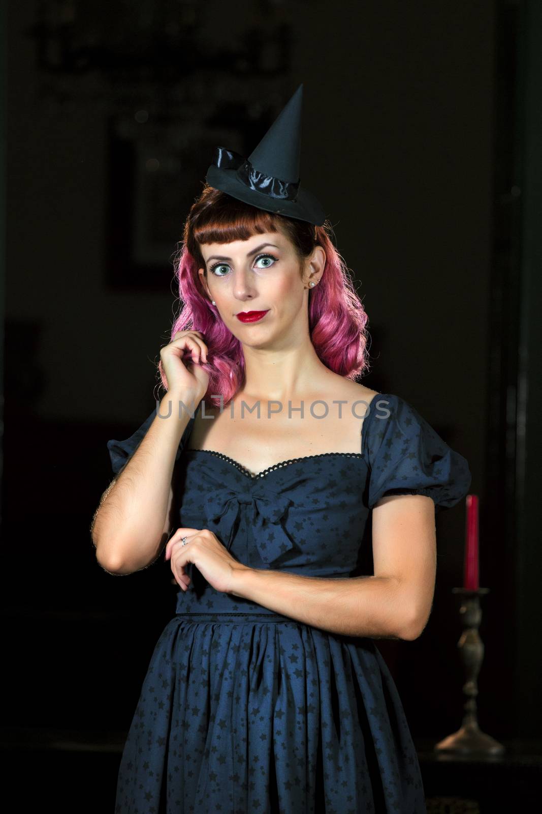 Halloween theme vintage girl with purple hair.