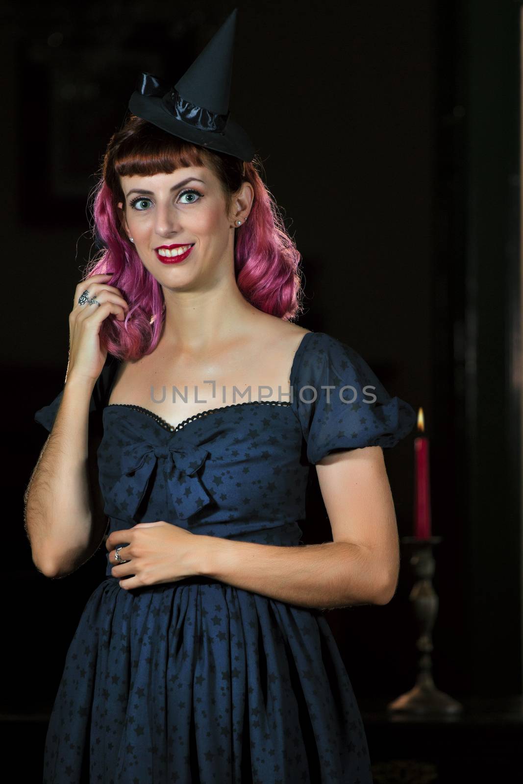 Halloween theme vintage girl with purple hair.