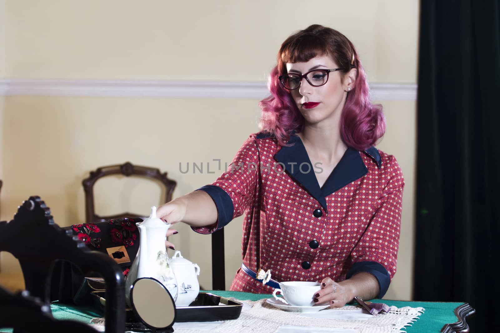 Vintage themed tea girl on a old retro house.