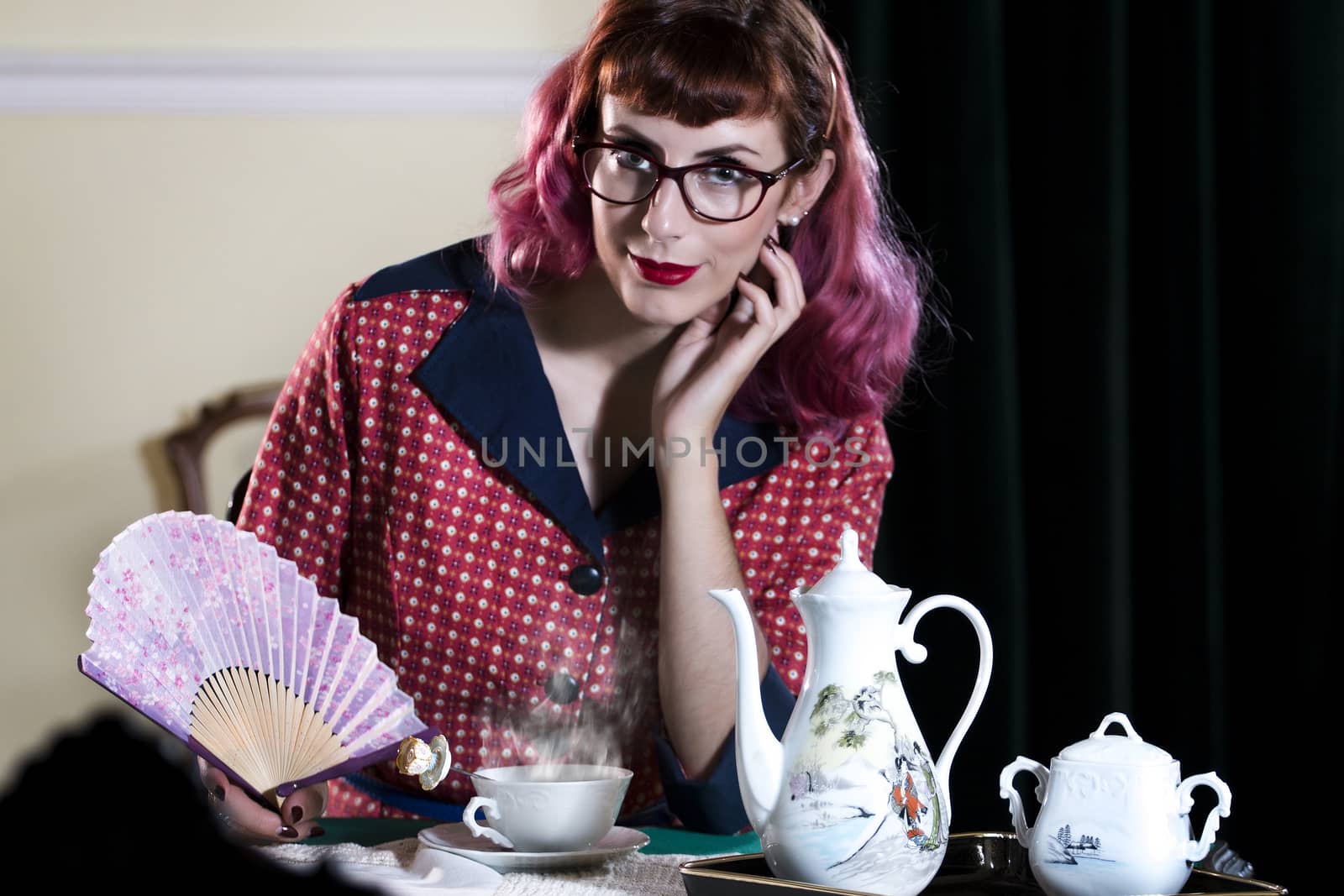 Vintage themed tea girl on a old retro house.