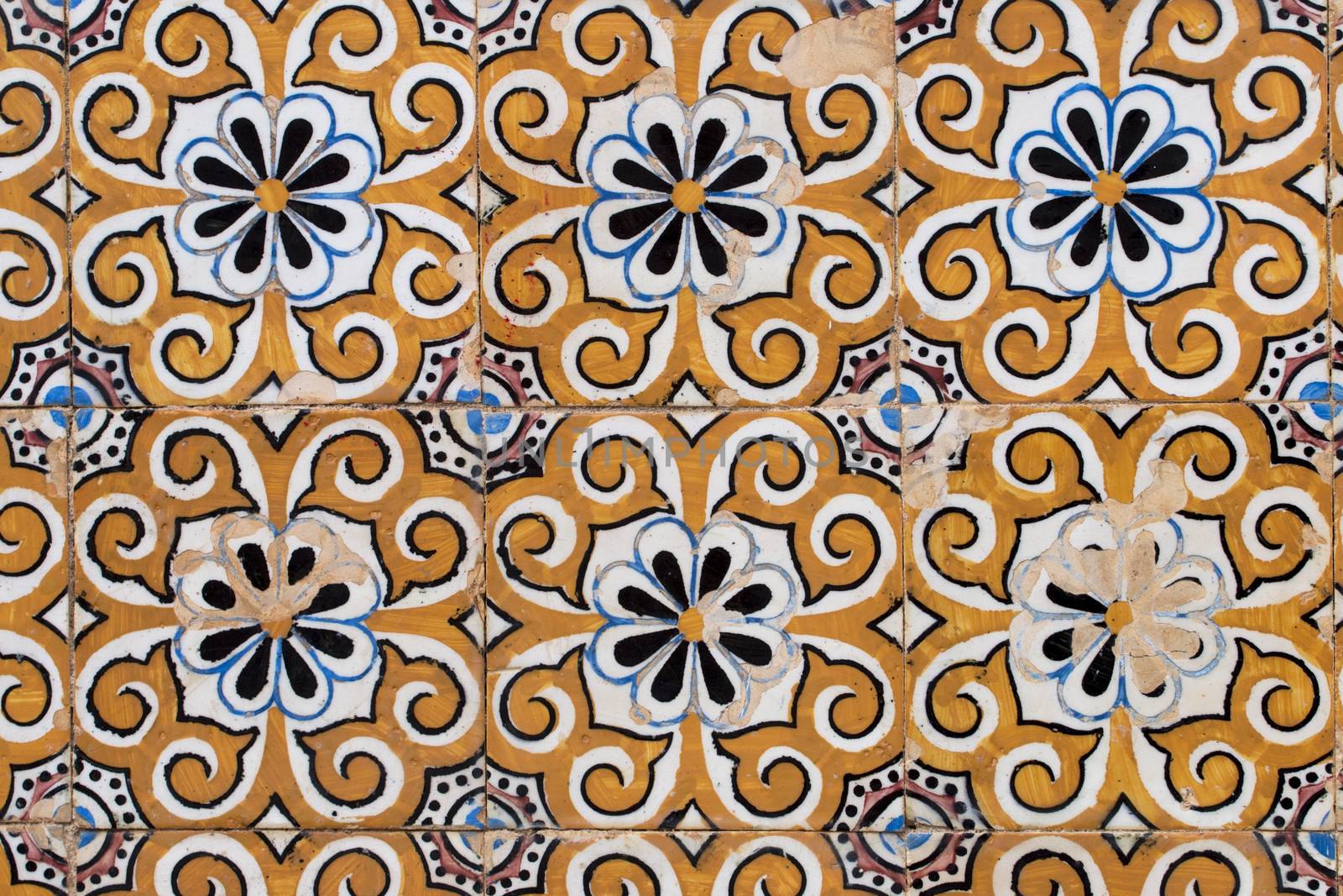 Beautiful design of blue and yellow Portuguese Azulejo tiles.