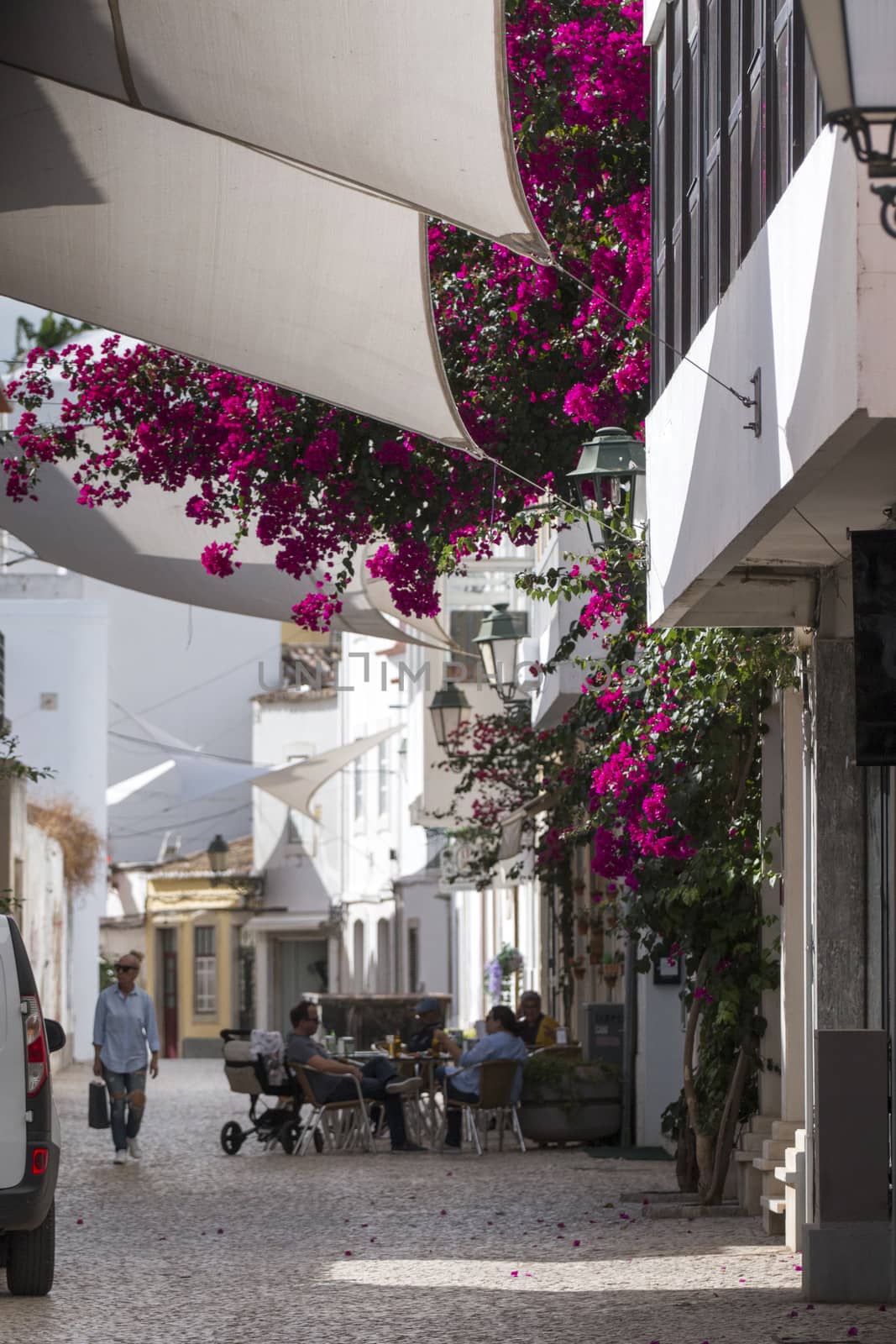 View of the typical beautiful street of Faro city, Portugal.