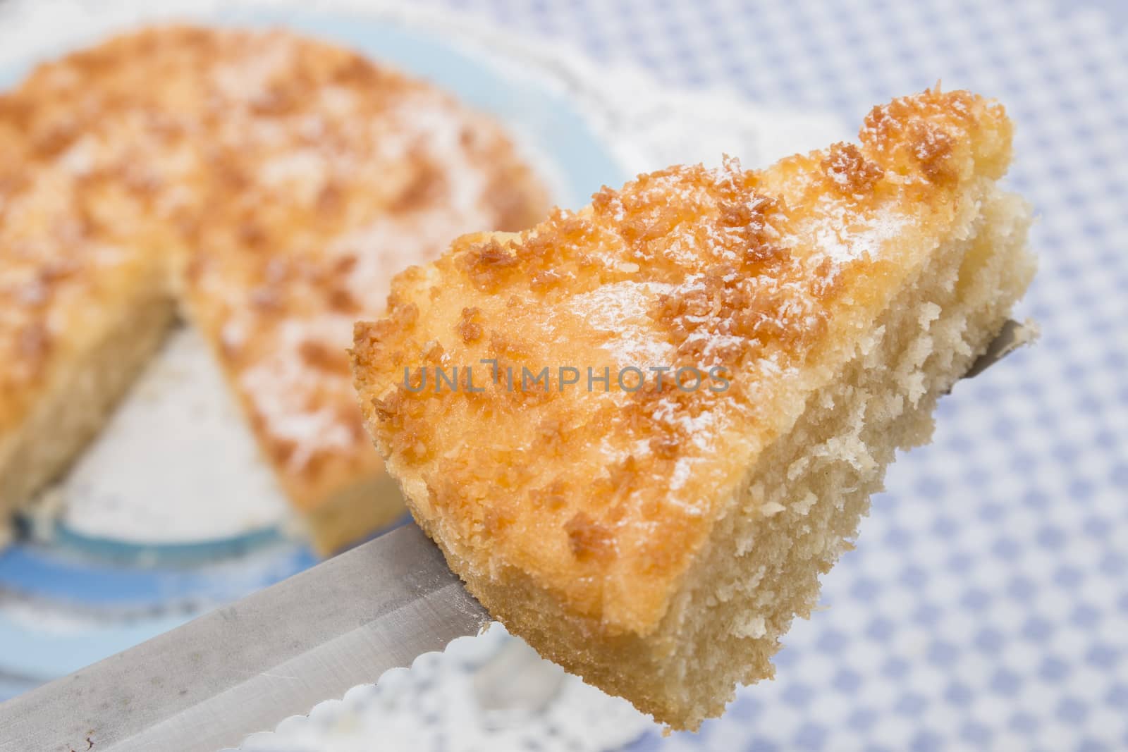 Close up view of sliced piece of  a tasty coconut crumble cake.