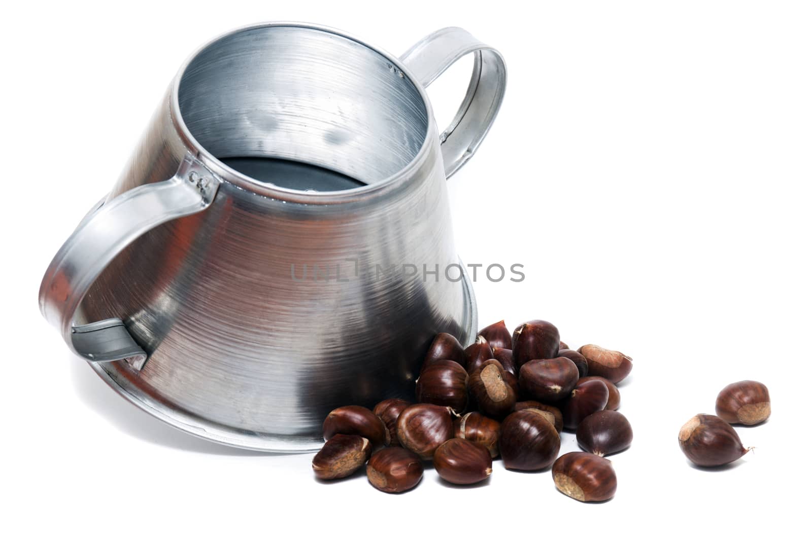 Close view of a metal rustic chestnut roaster isolated on a white background.