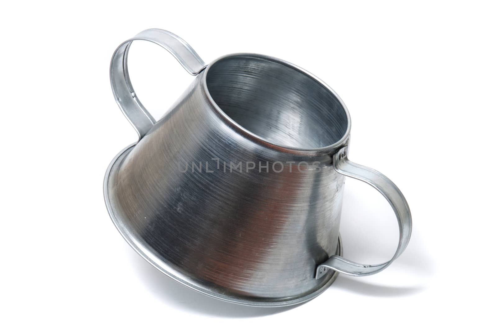 Close view of a metal rustic chestnut roaster isolated on a white background.