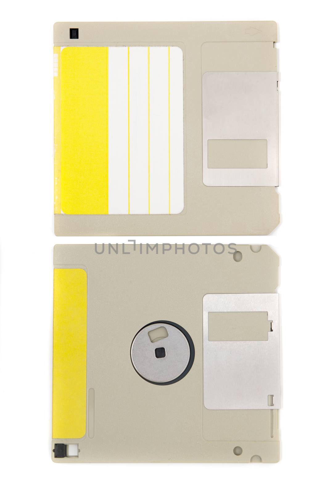 computer floppy disk, front and back view, isolated on a white background.