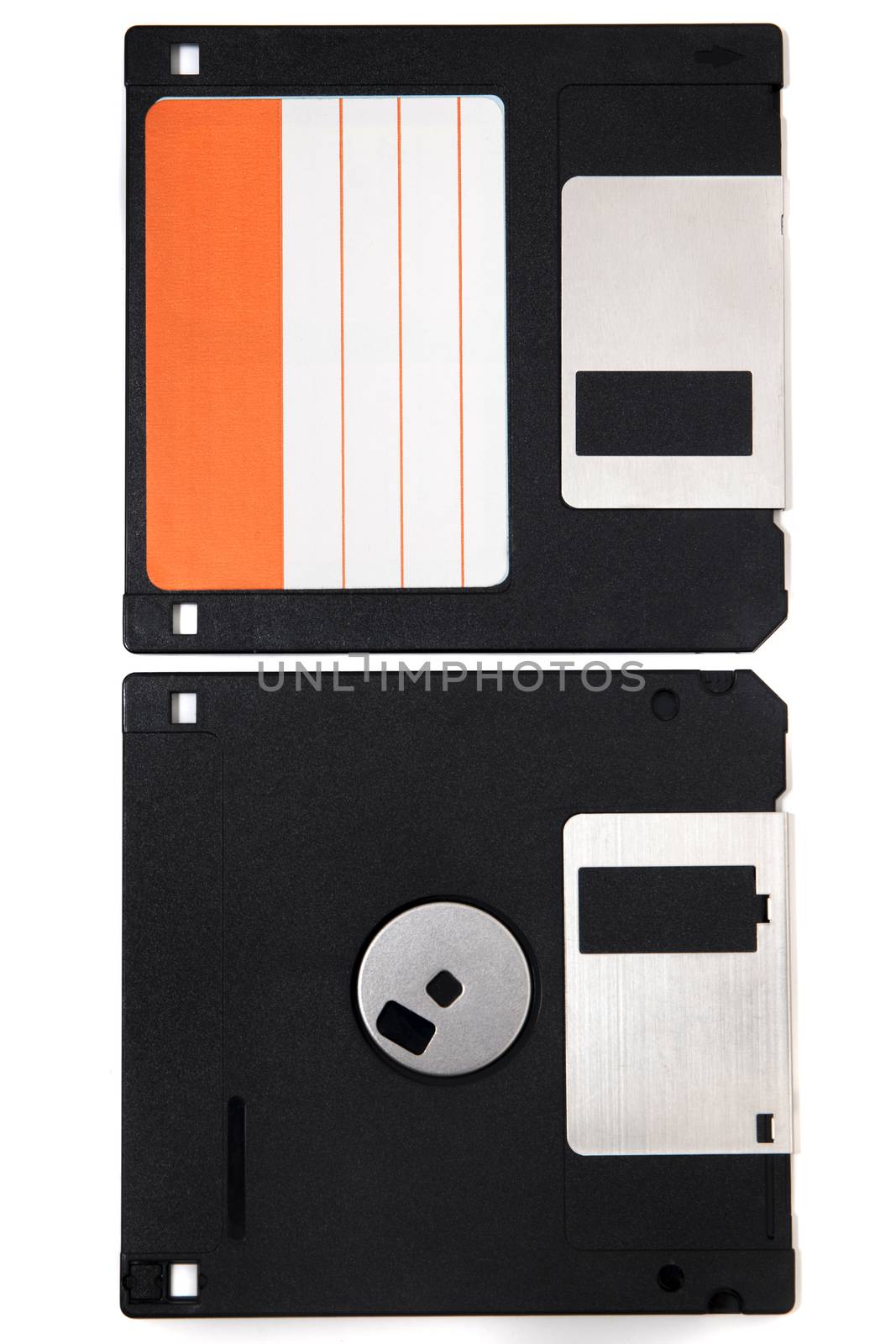 computer floppy disk, front and back view, isolated on a white background.