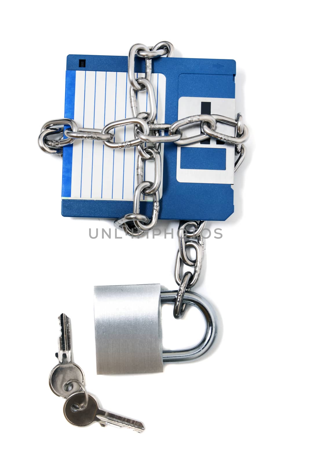 padlock with floppy disk and chain isolated on a white background.