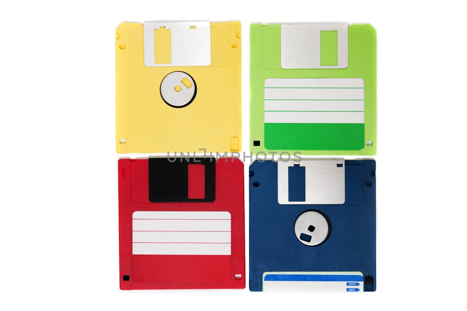 colorful computer floppy disks on a composition isolated on a white background.