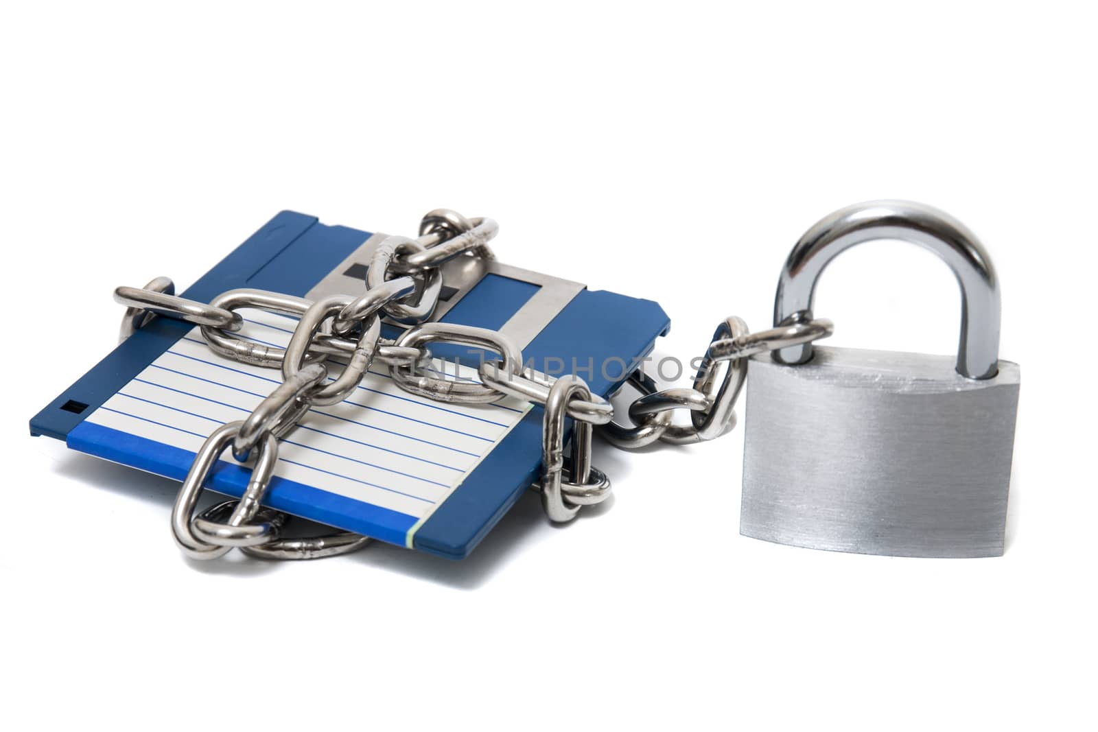 padlock with floppy disk and chain isolated on a white background.