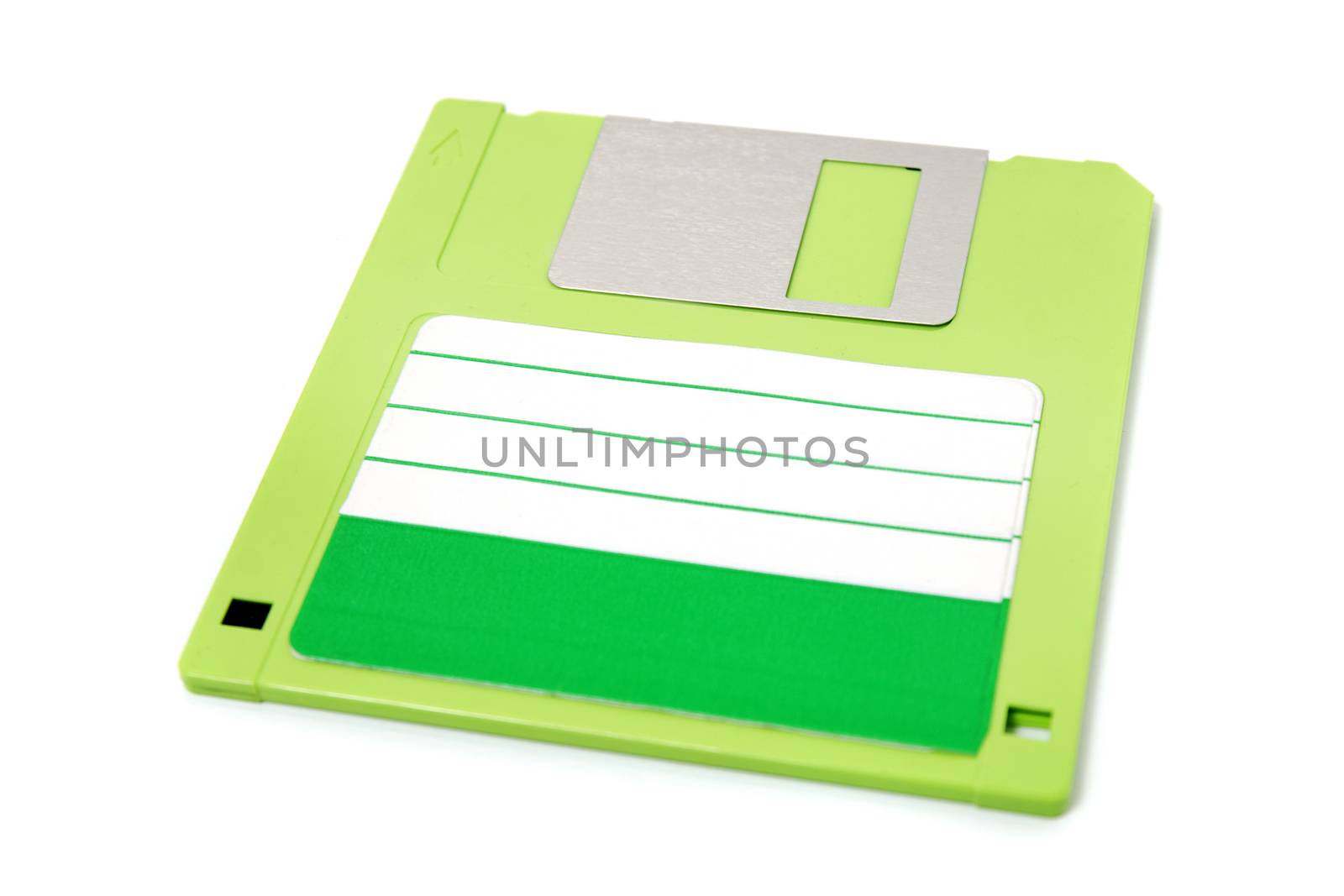 green computer floppy disk,  isolated on a white background.