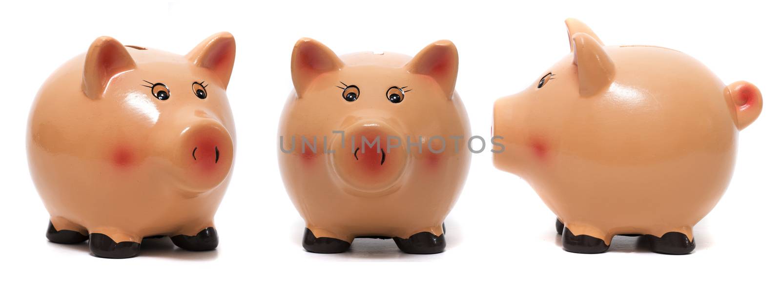 Close up view of a cute pink piggy bank isolated on a white background.