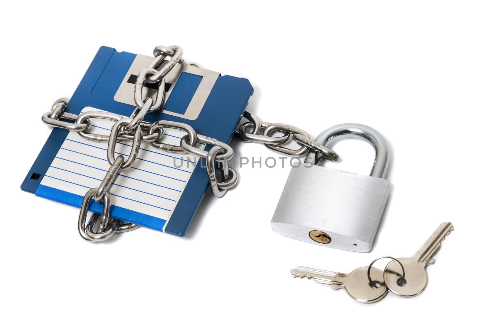 padlock with floppy disk and chain isolated on a white background.