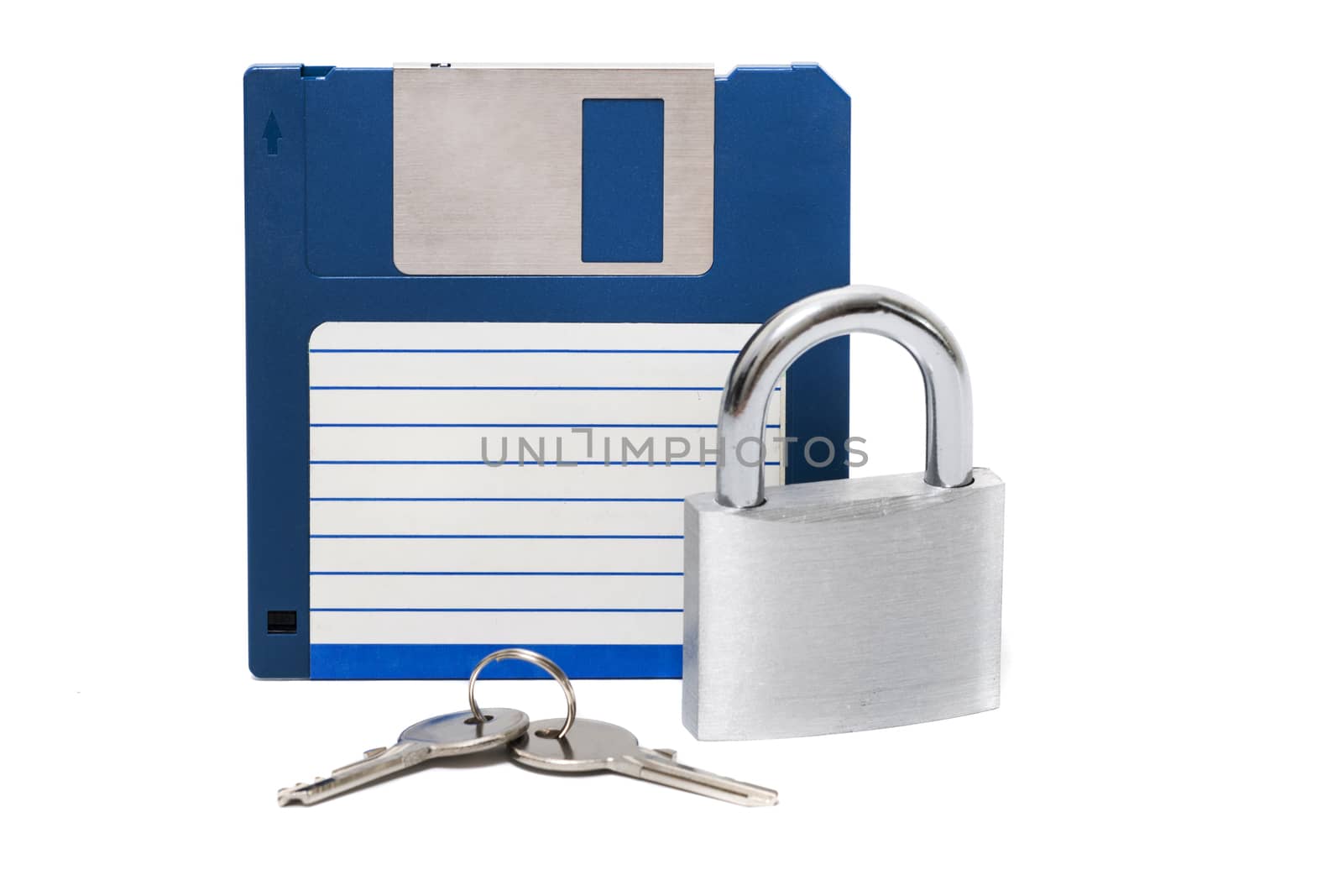 padlock with floppy disk isolated on a white background.