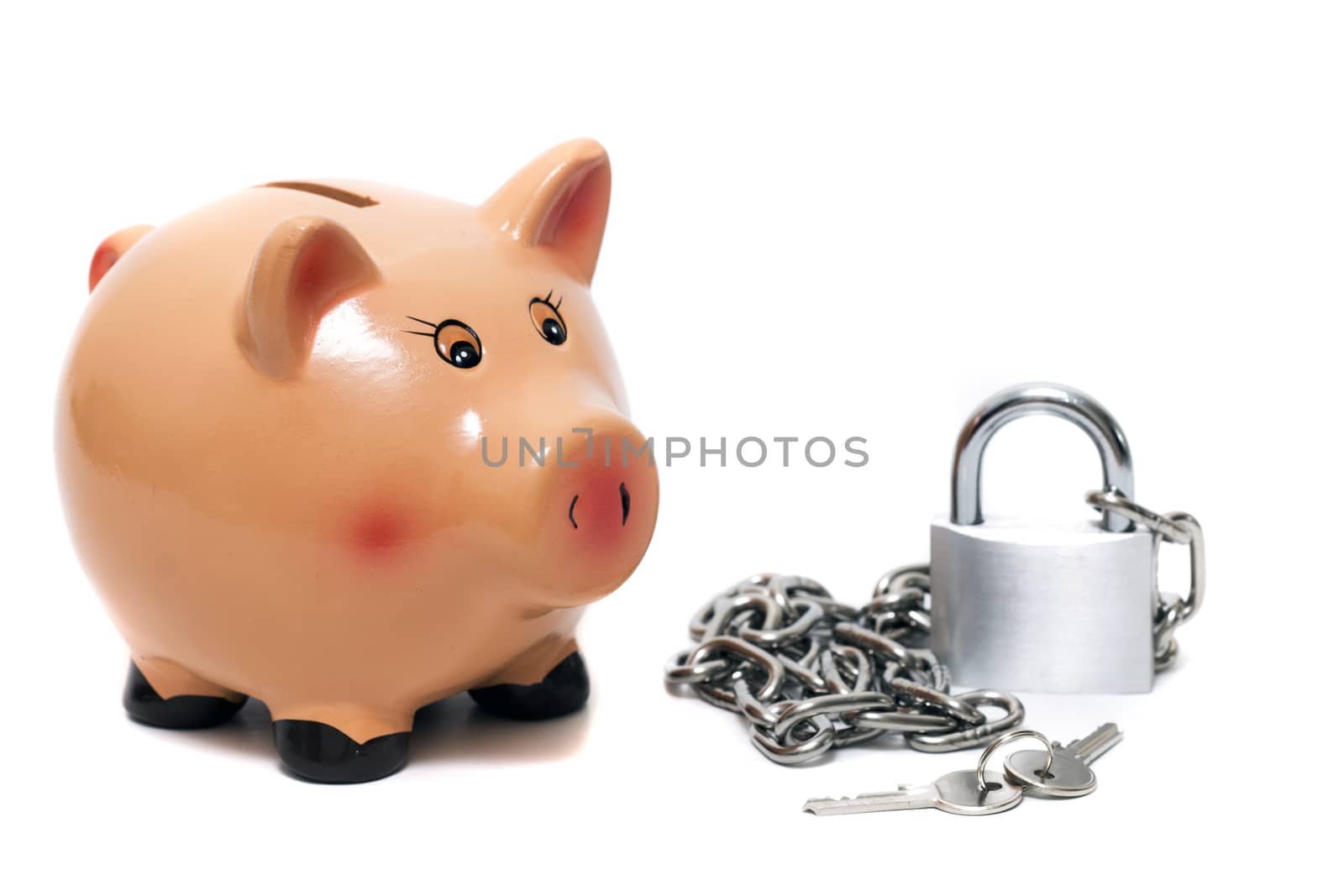 Close up view of a cute pink piggy bank with lock isolated on a white background.